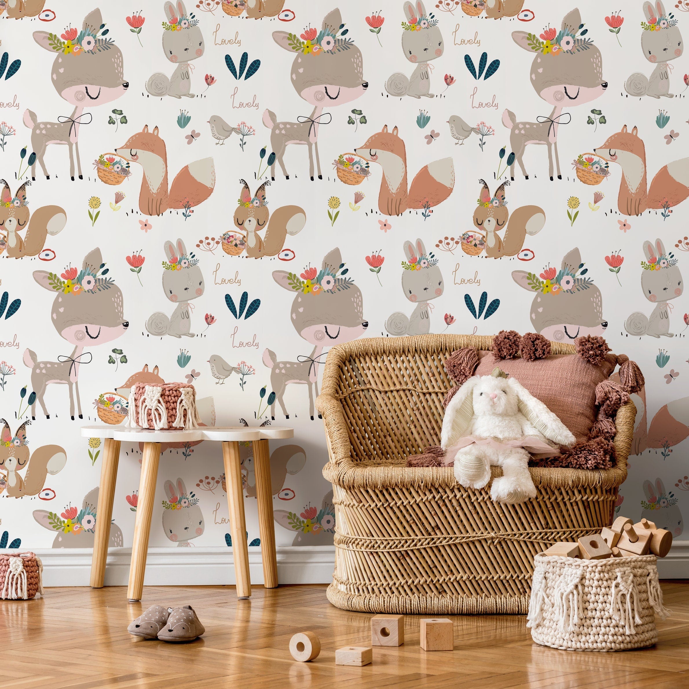 Animal Wallpaper With Floral Woodland Creatures In Brown, Pink, And Teal - B547