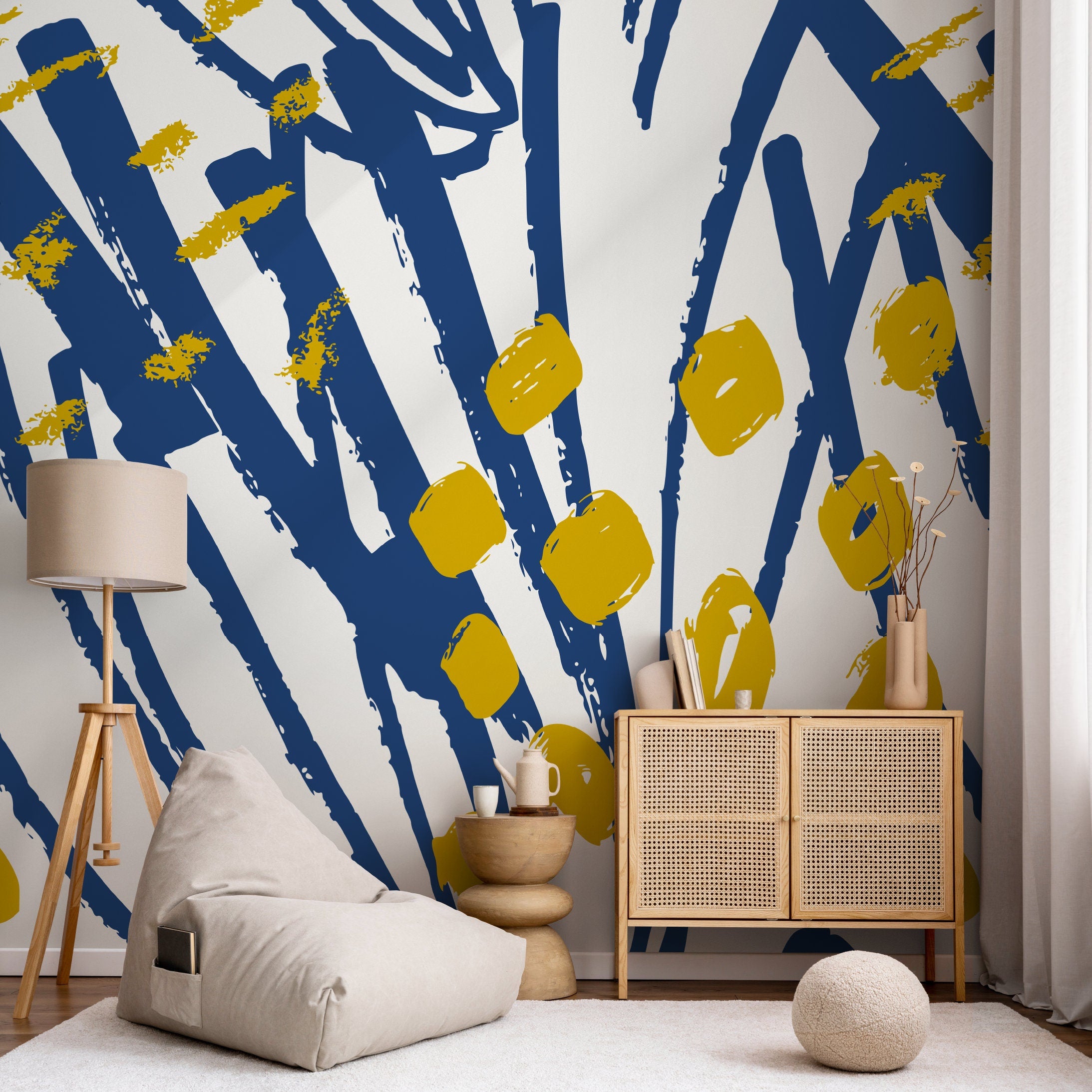 Abstract Wallpaper With Bold Brush Strokes In Blue And Yellow - B404