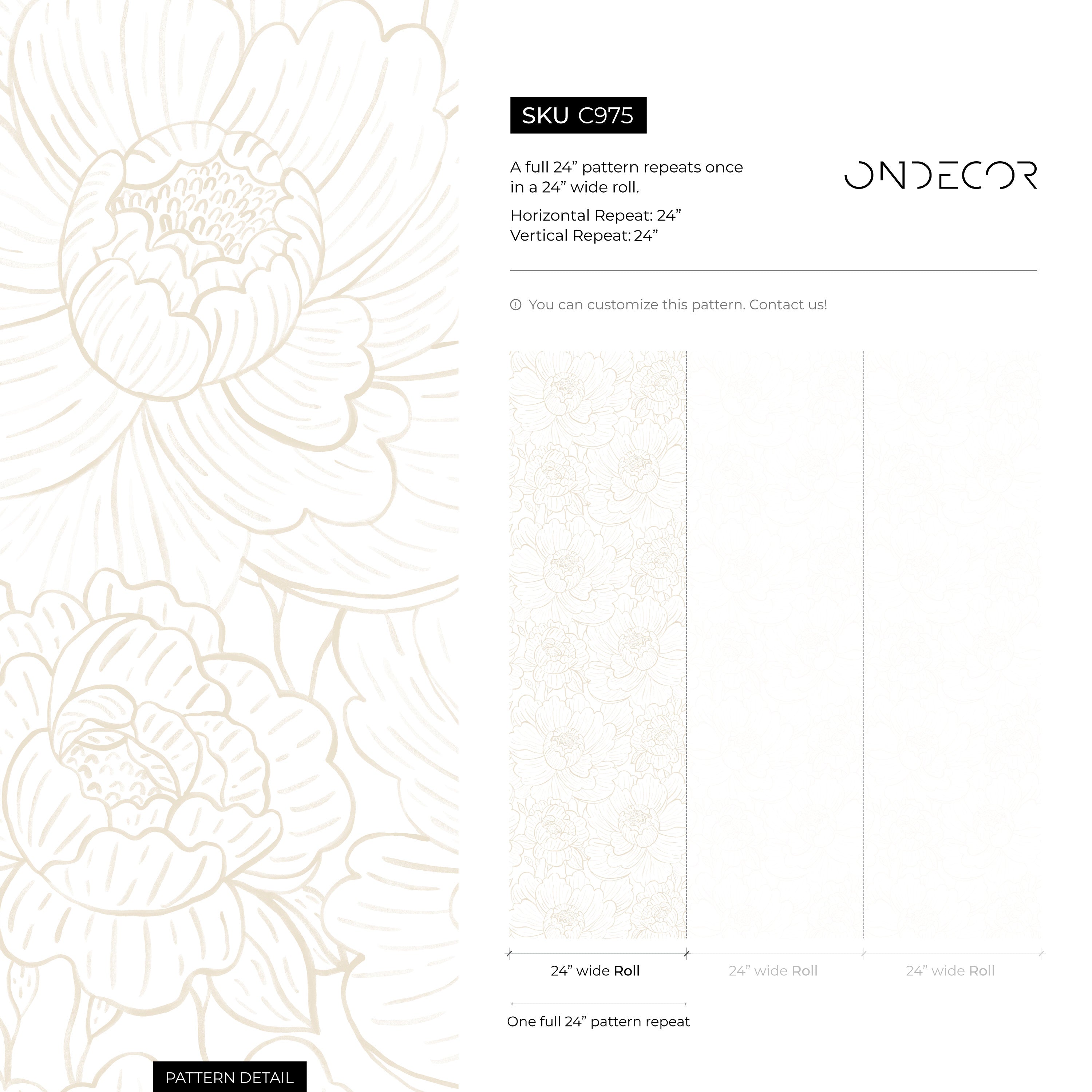 Floral Wallpaper With Minimalist Peony Outlines In Neutral Beige - C975