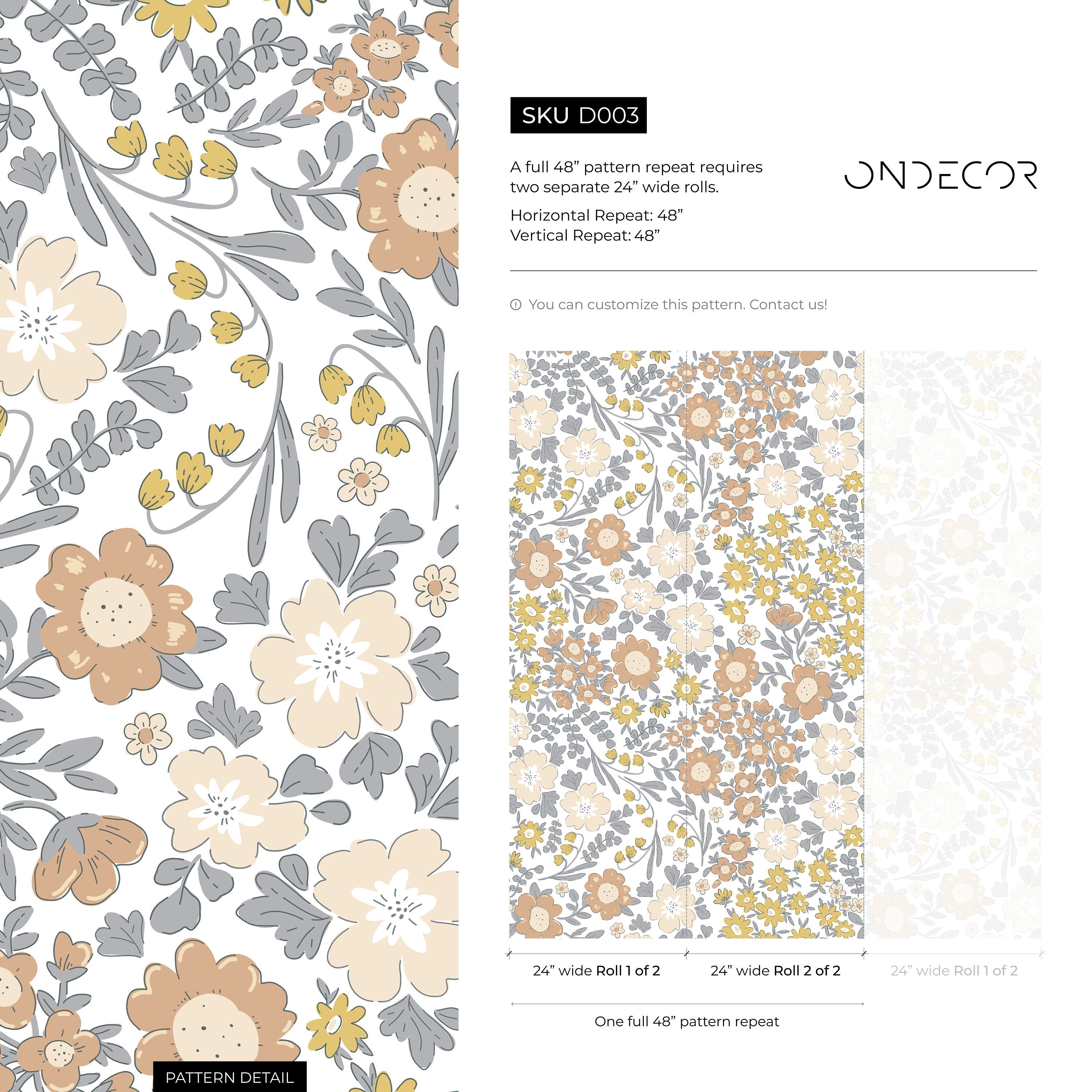Floral Wallpaper With A Boho Garden Motif In Yellow, Brown, And Gray - D003