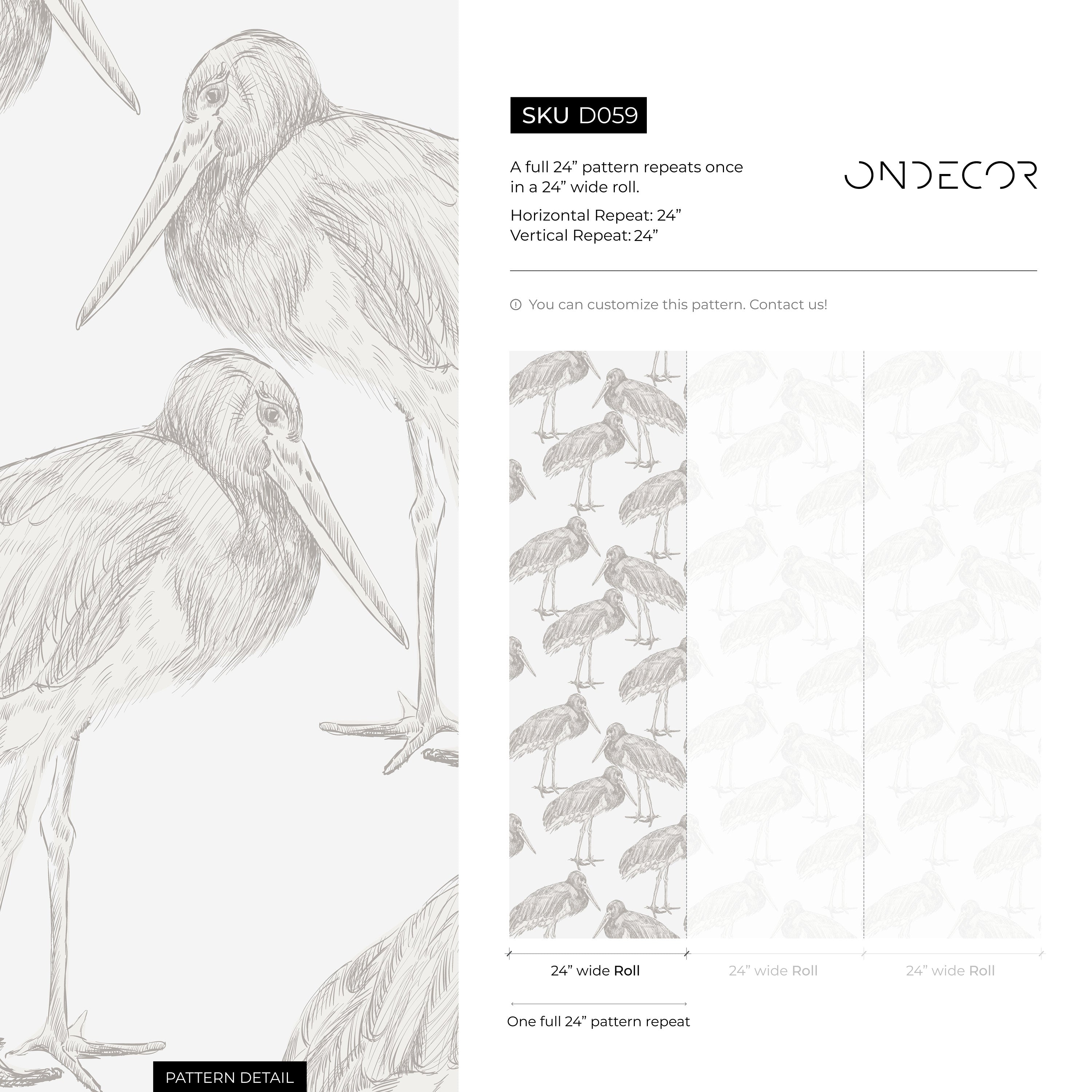 Bird Wallpaper With A Hand-drawn Crane Motif In Neutral Gray - D059