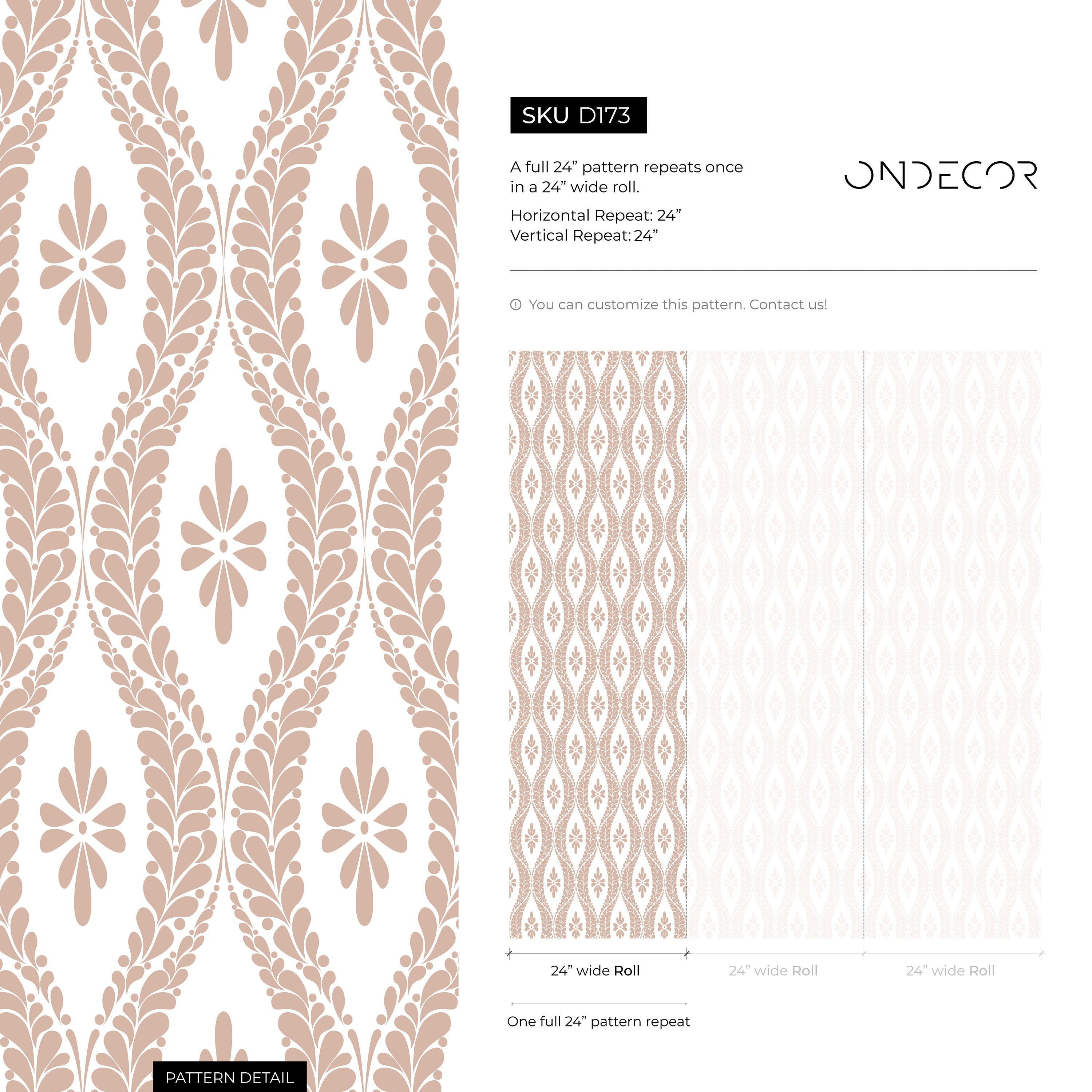 Vintage Wallpaper With A Stylized Ogee Leaf Motif In Old Rose - D173