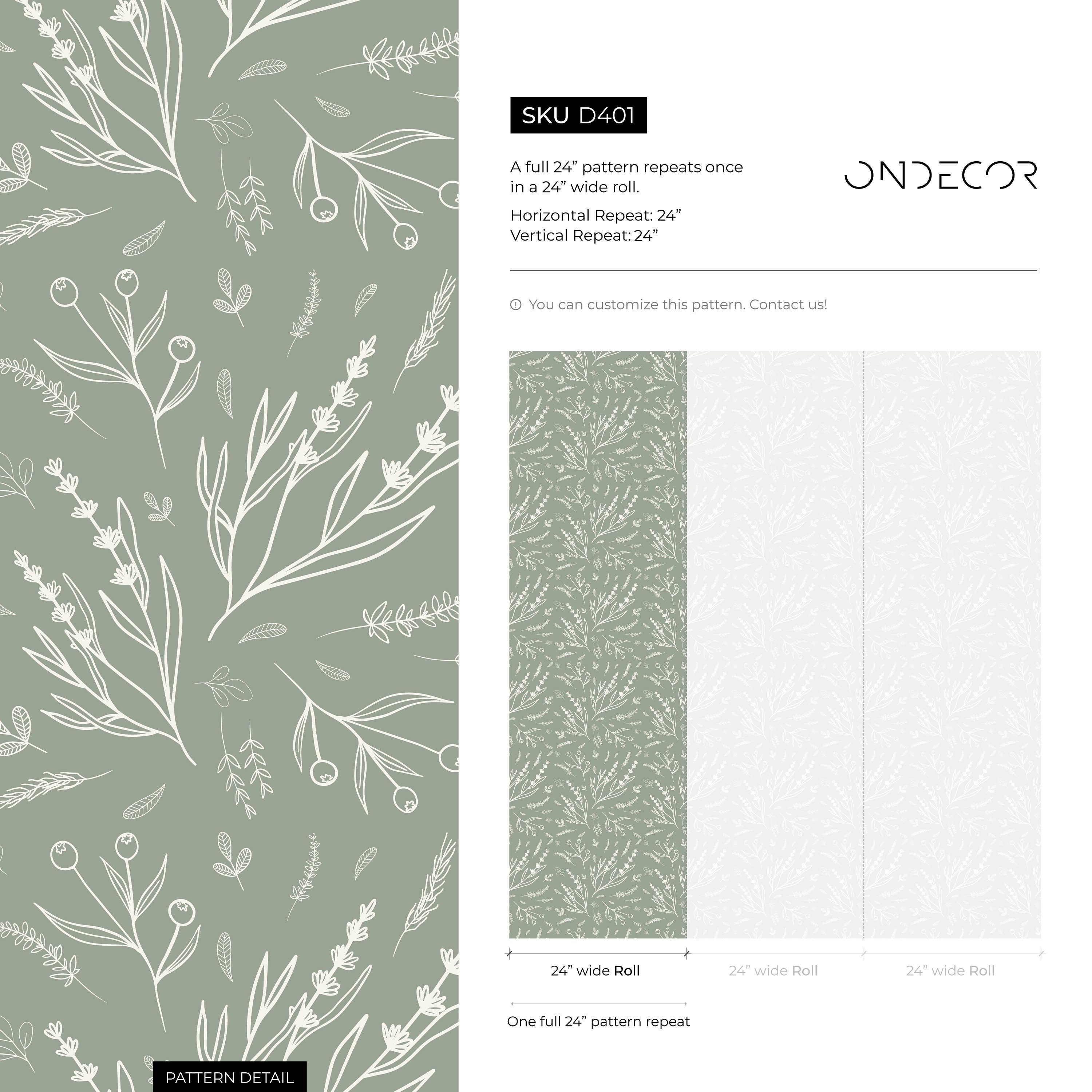 Wildflower Wallpaper With Delicate Lavender Sprigs In Sage Green And Cream - D401