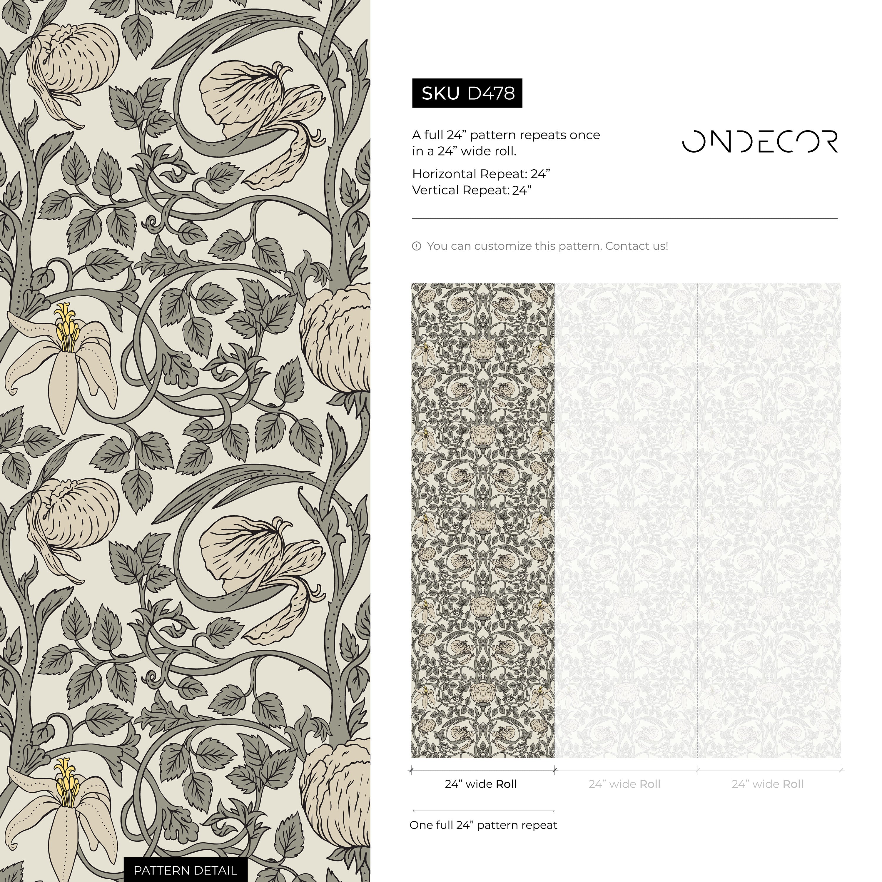 Art Nouveau Wallpaper With Floral Vines In Gray, Pink, And Yellow - D478