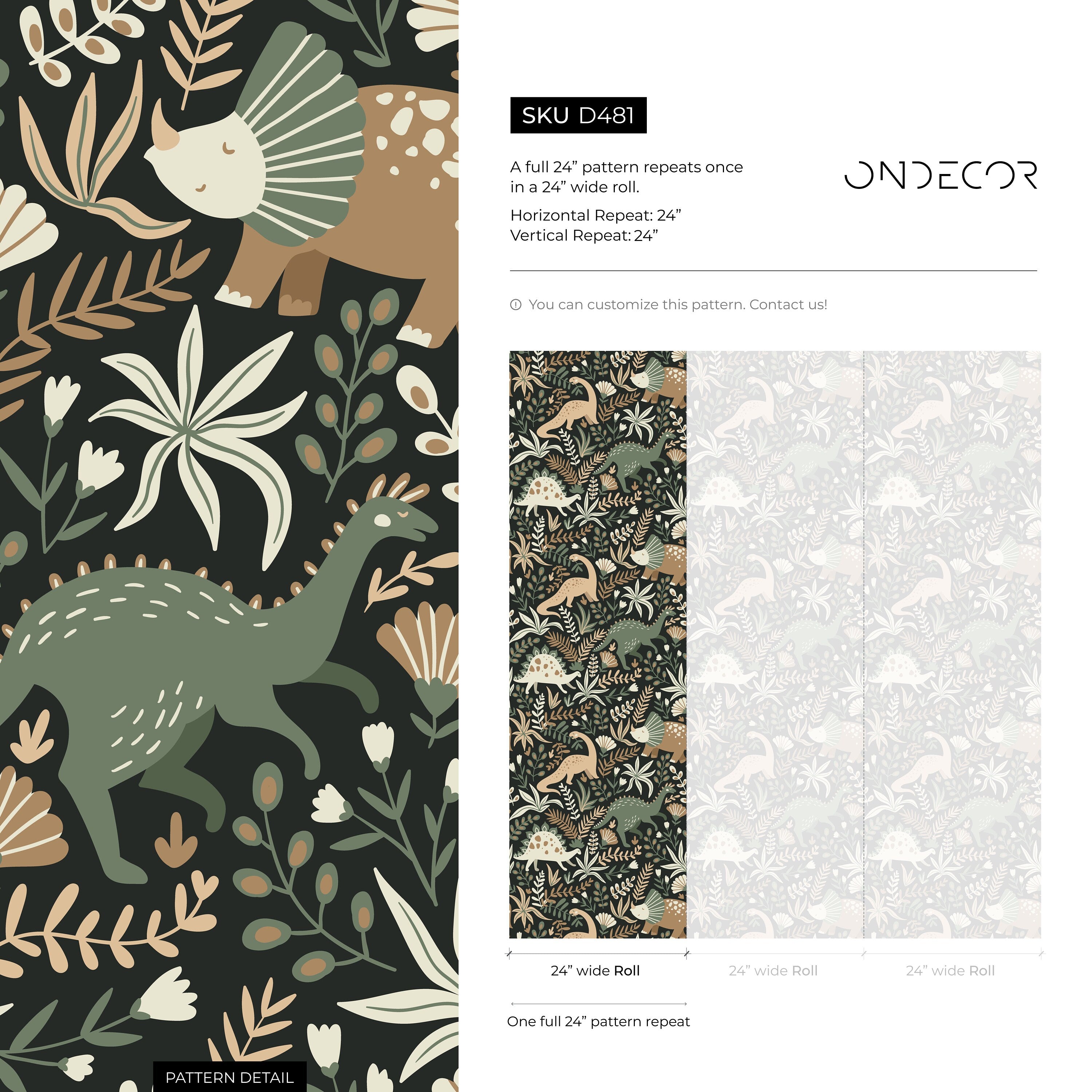 Dinosaur Wallpaper With Botanical Elements In Green, Brown, And Cream - D481
