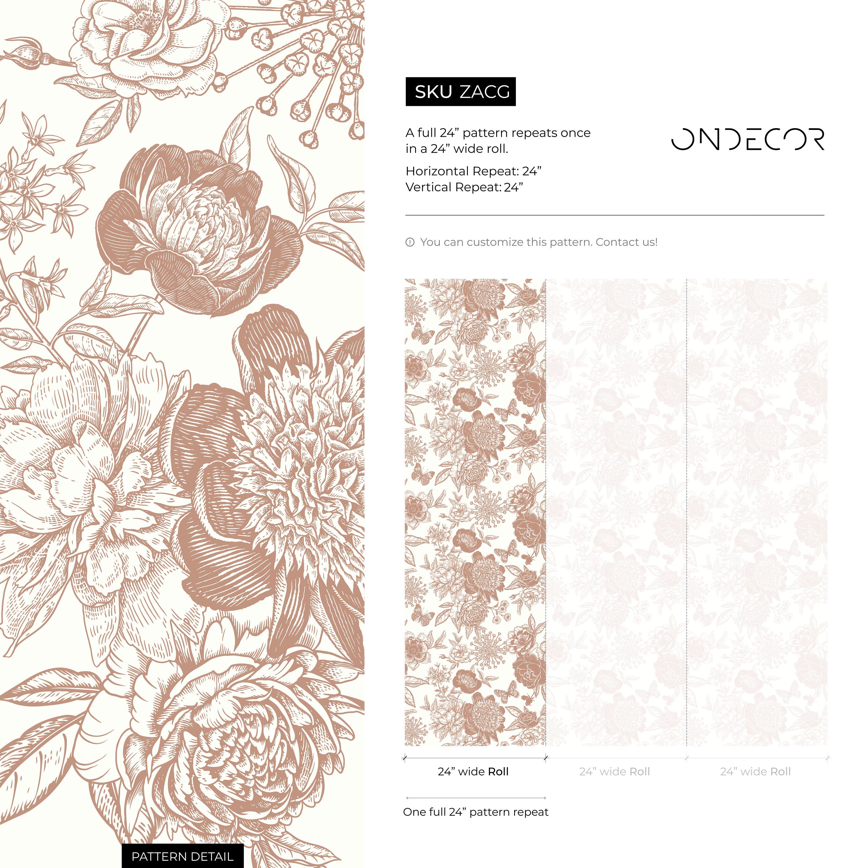 Boho Wallpaper With Peony And Rose Line Art In Burnt Orange - Zacg