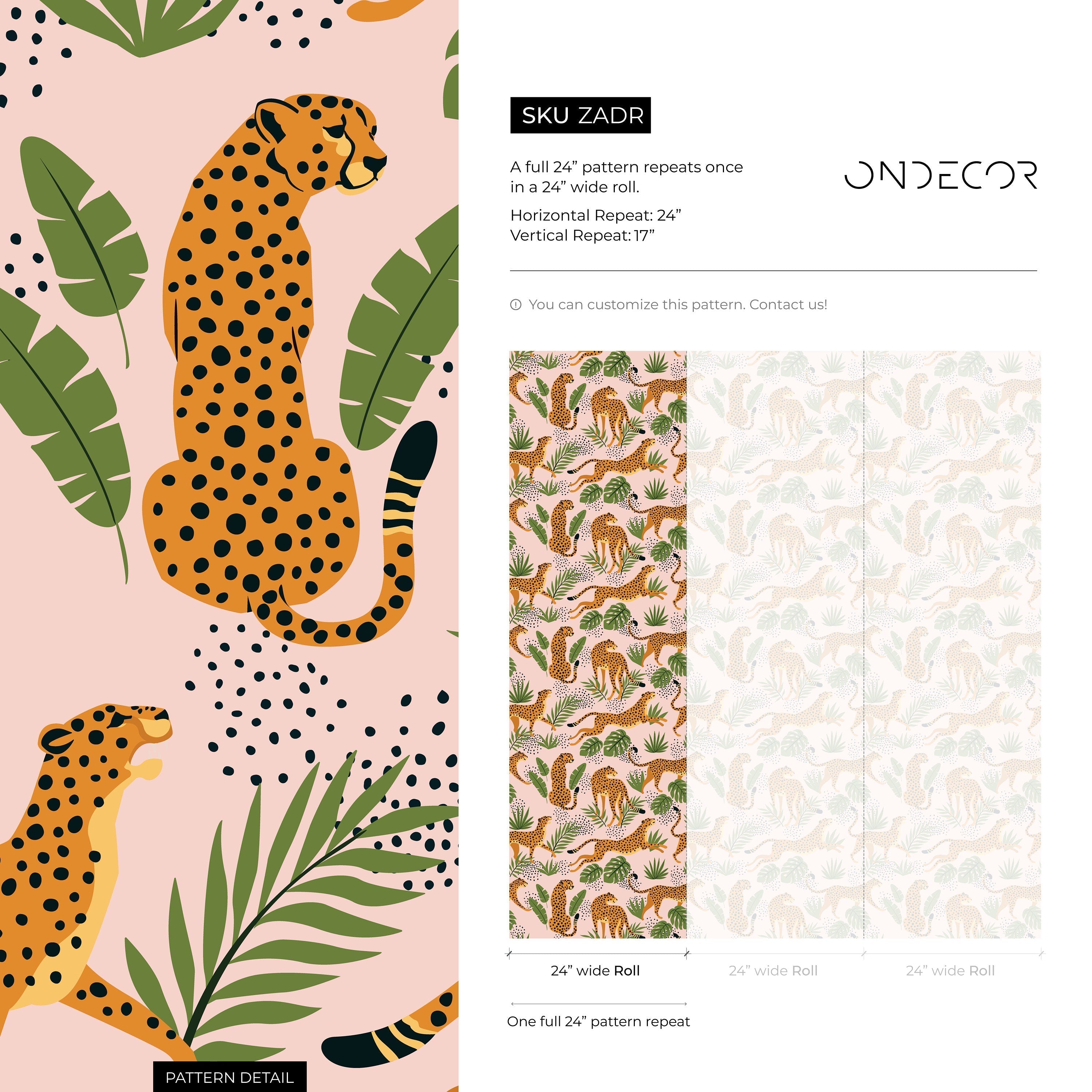 Animal Wallpaper With Cheetahs And Tropical Leaves In Pink, Green, And Orange - Zadr
