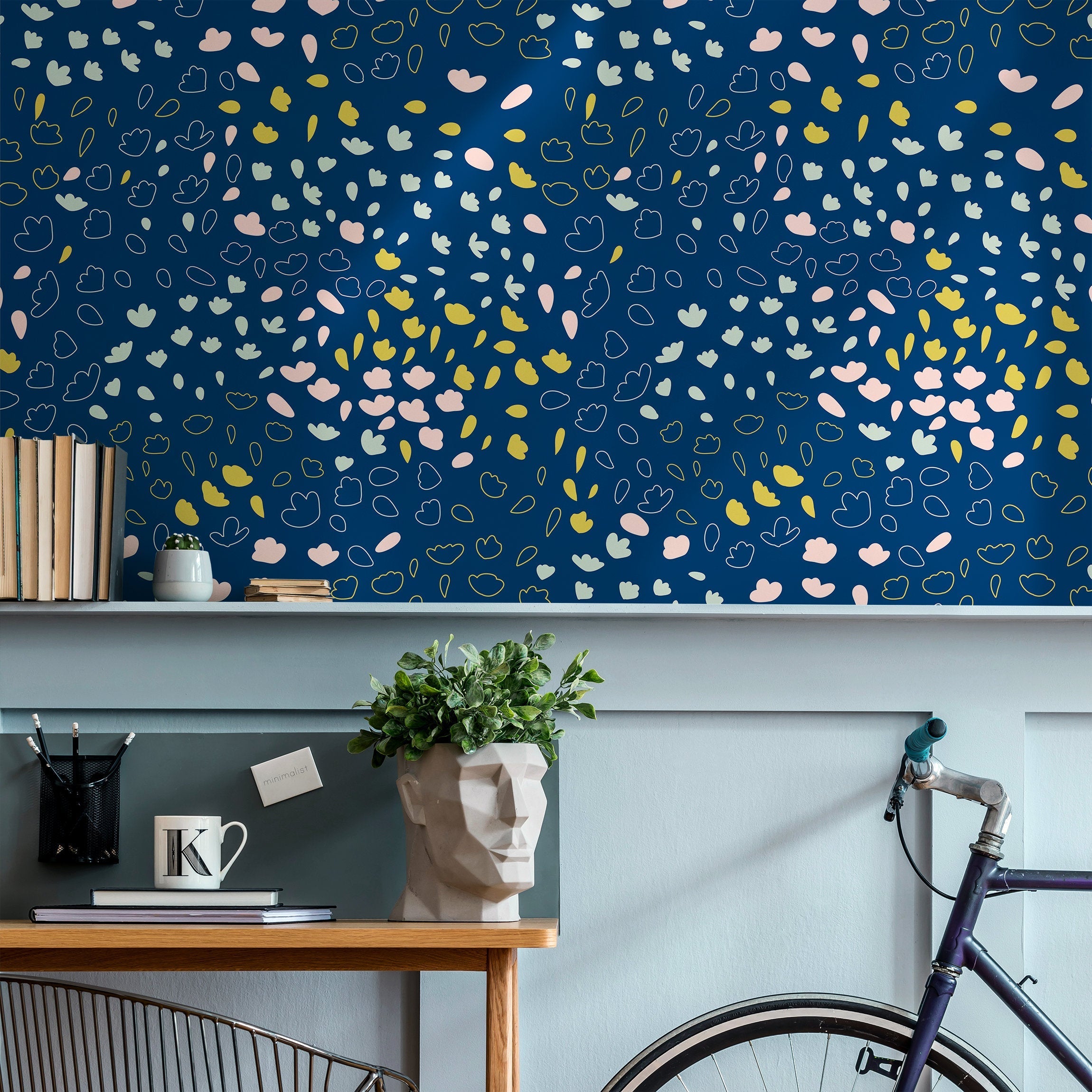 Abstract Wallpaper With Hand-drawn Florals In Blue, Yellow, And Pink - B422