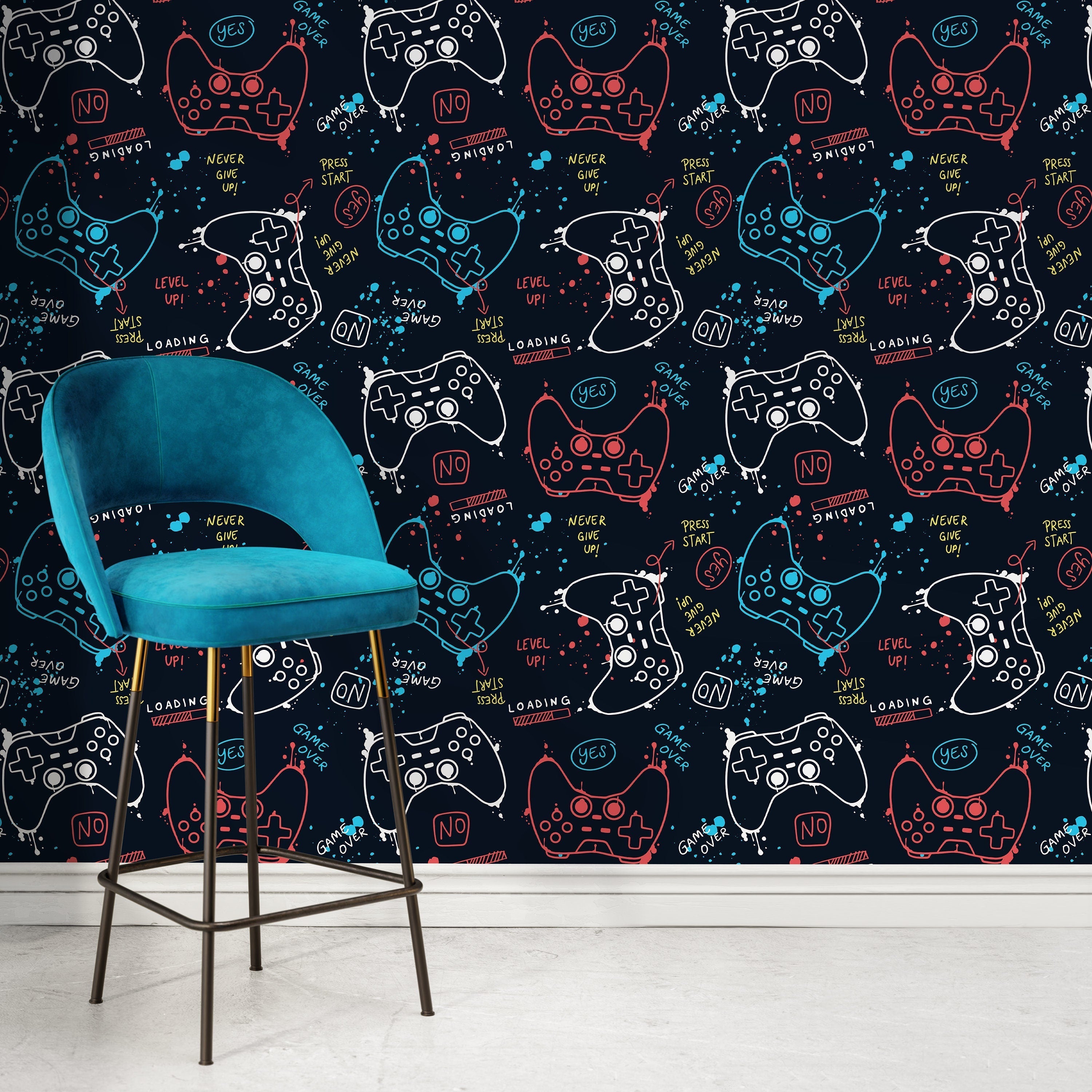 Gamer Wallpaper With A Sketchy Game Controller Motif In Blue, Red, And White - B508