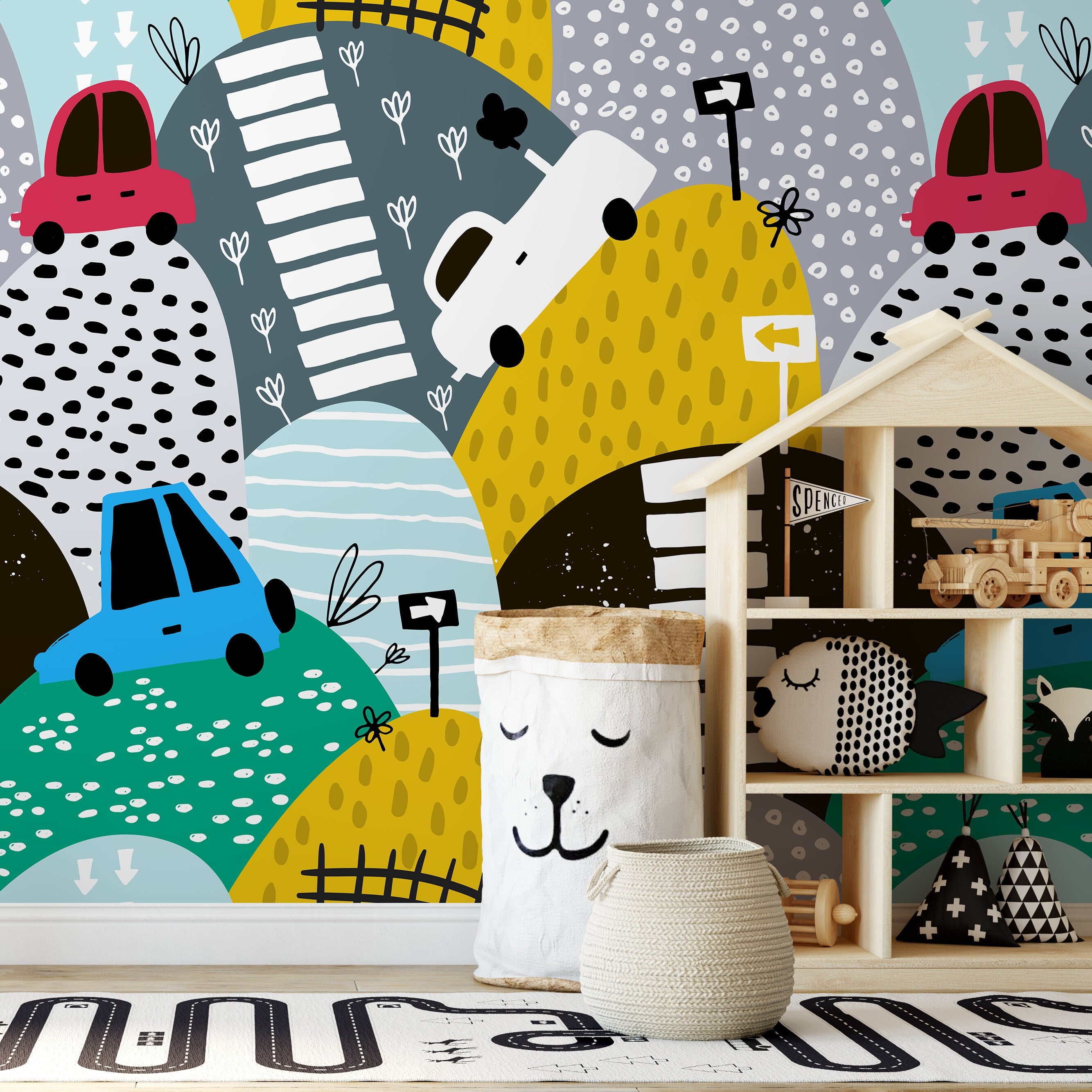 Nursery Wallpaper With Doodled Hills And Cars In Yellow, Blue, And Red - B551