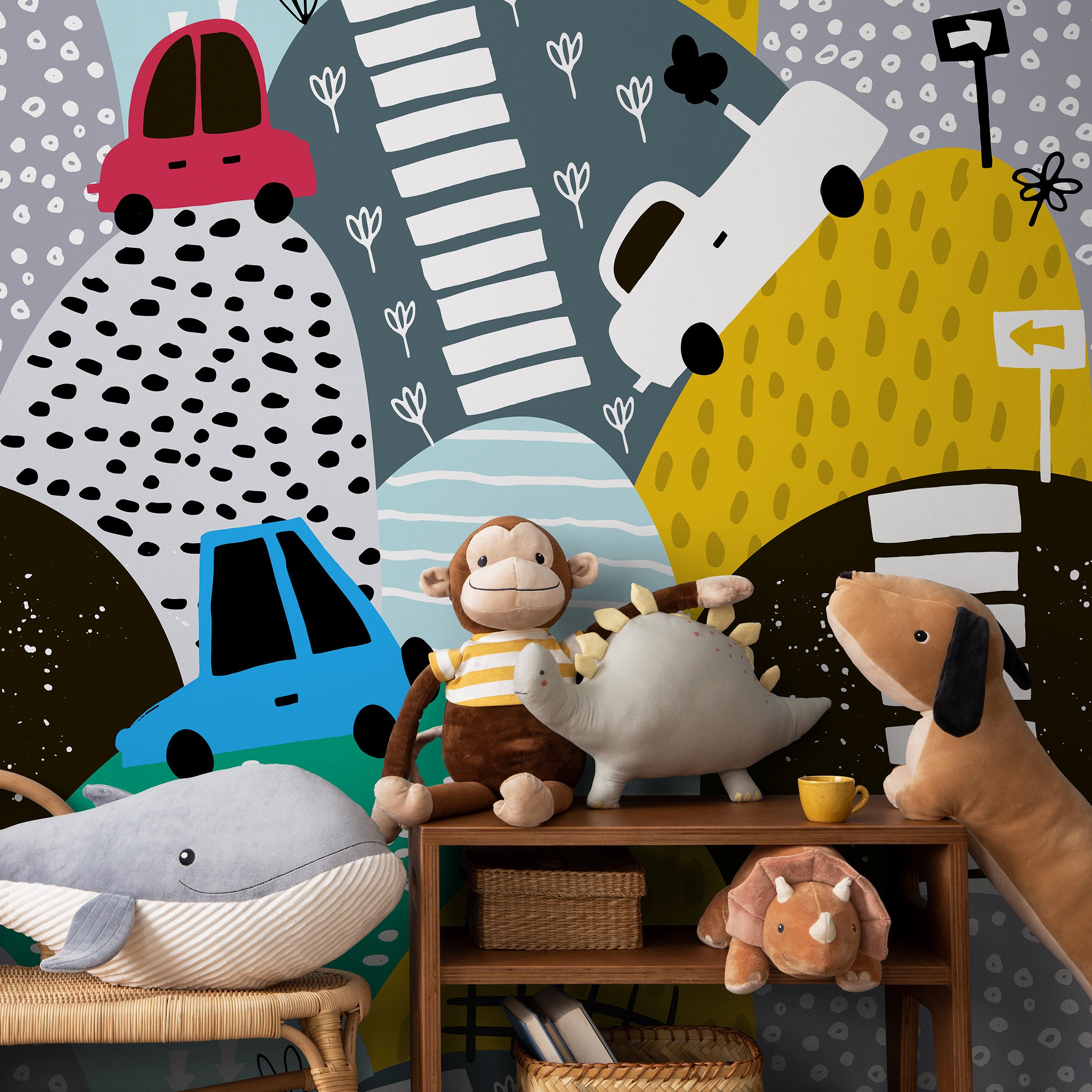 Nursery Wallpaper With Doodled Hills And Cars In Yellow, Blue, And Red - B551