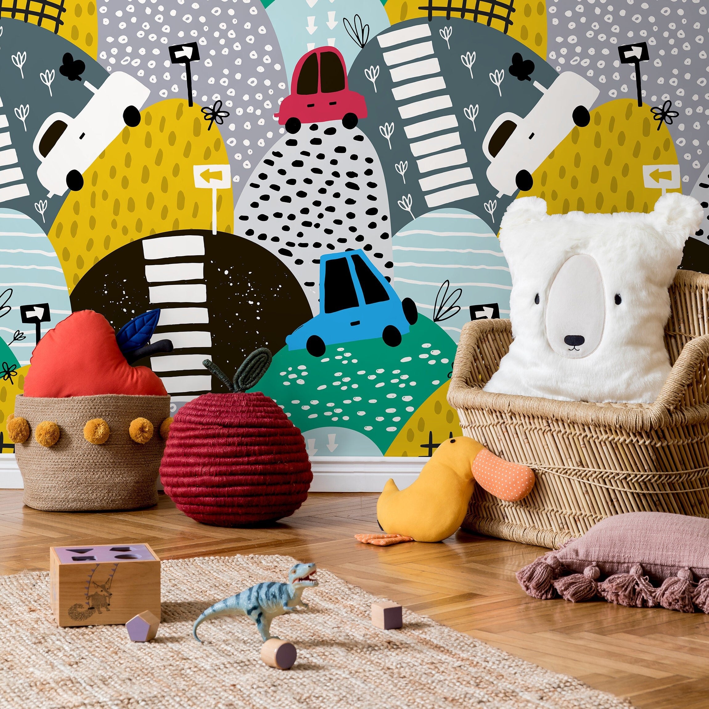 Nursery Wallpaper With Doodled Hills And Cars In Yellow, Blue, And Red - B551