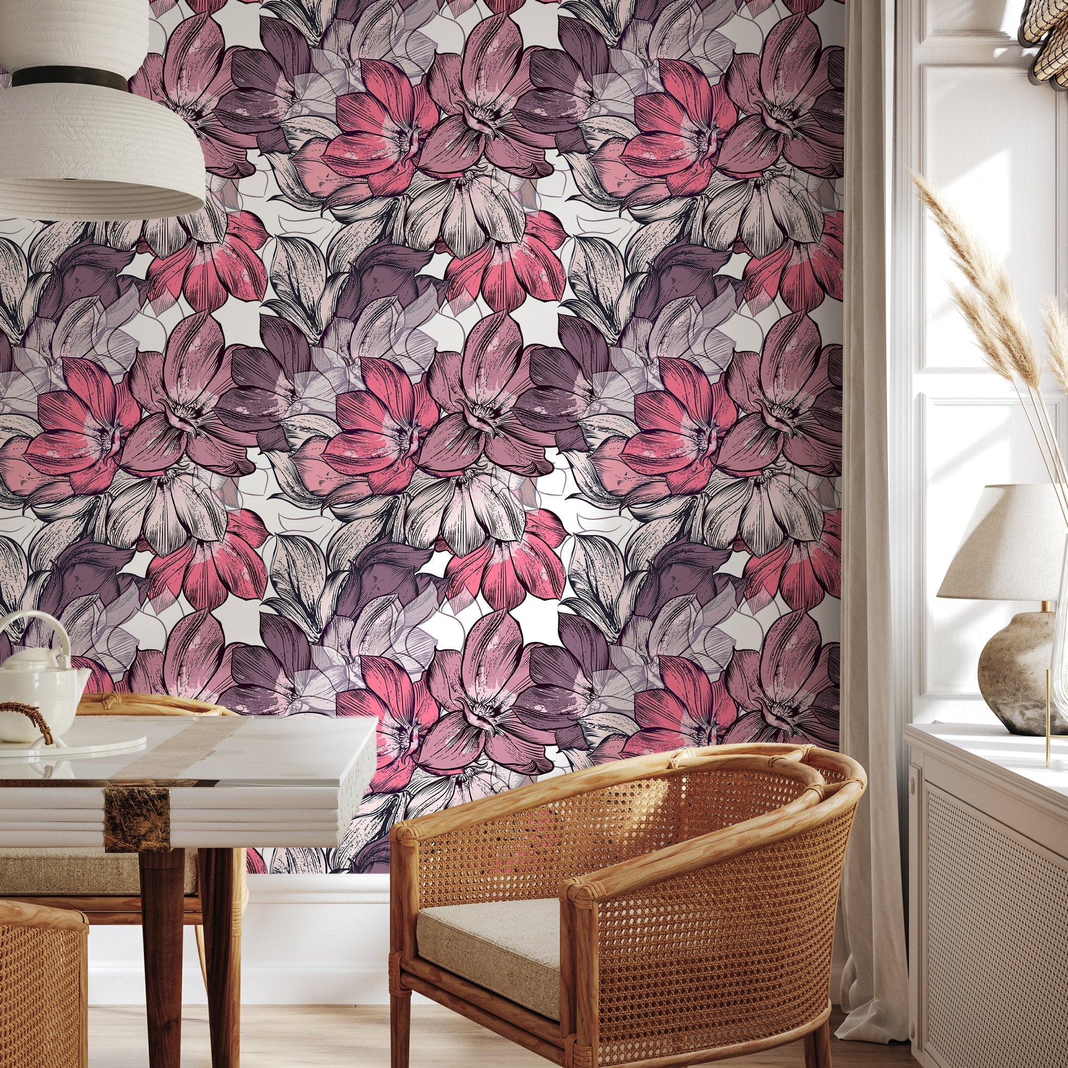 Floral Wallpaper With A Large-scale Sketched Motif In Pink And Purple - B556