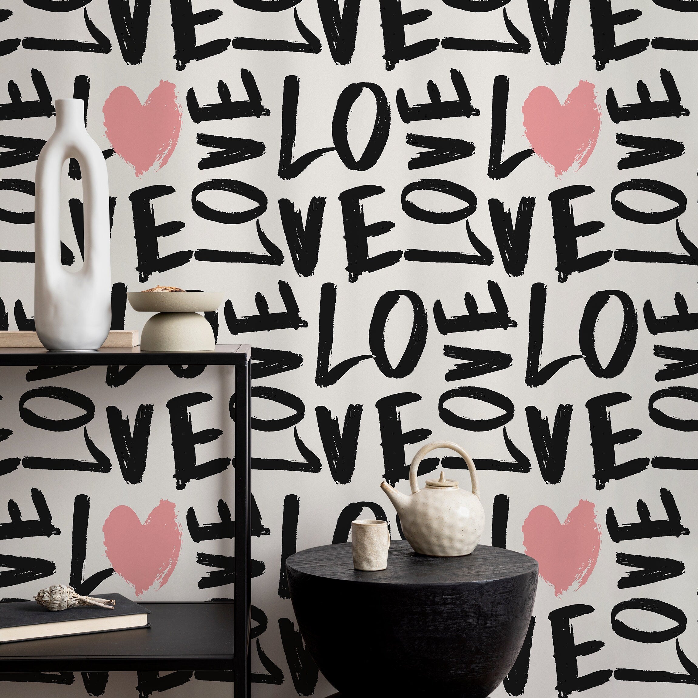 Abstract Wallpaper With Brushstroke Love And Hearts In Black And Pink - B557