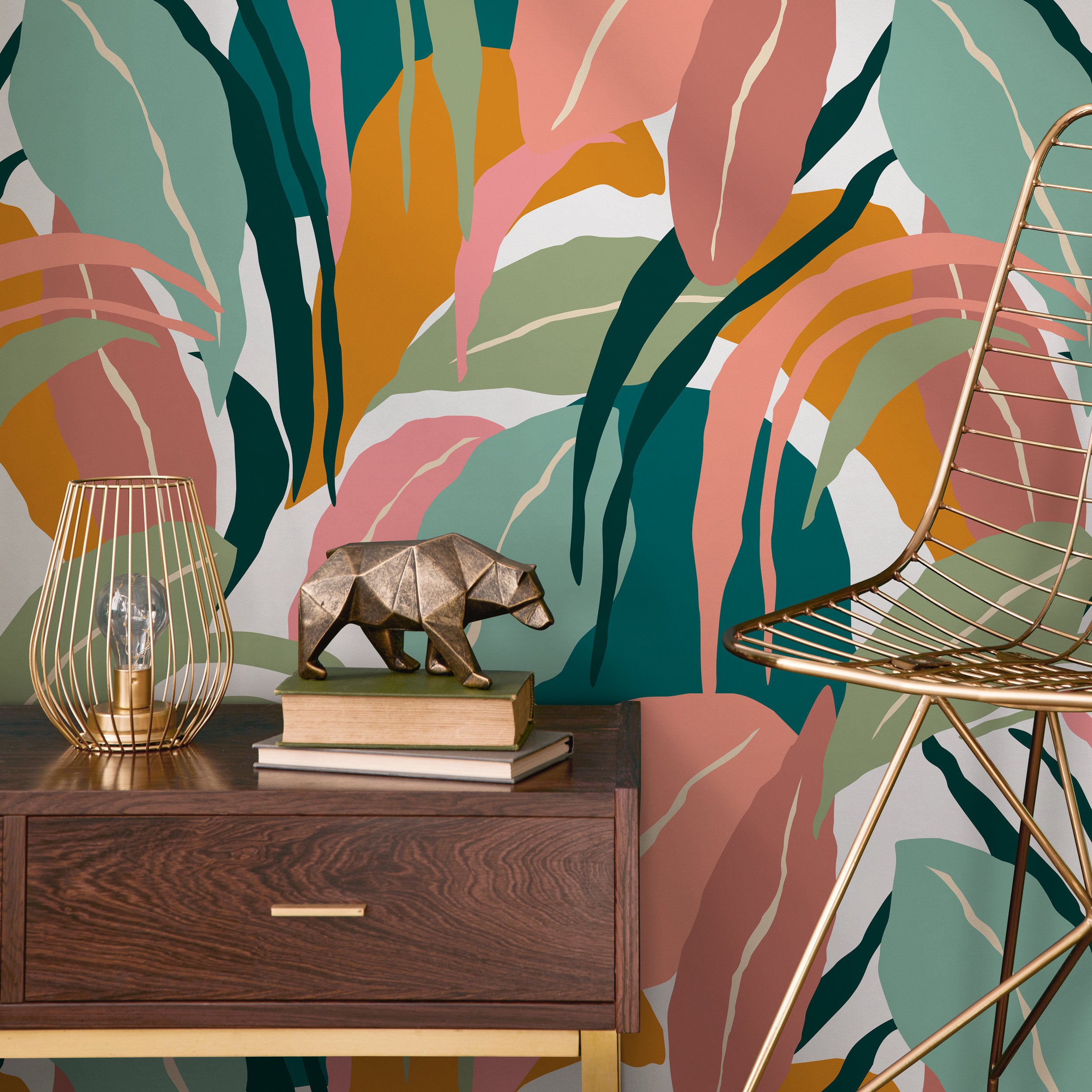 Botanical Wallpaper Featuring Abstract Tropical Leaves In Teal, Pink, And Yellow - B635