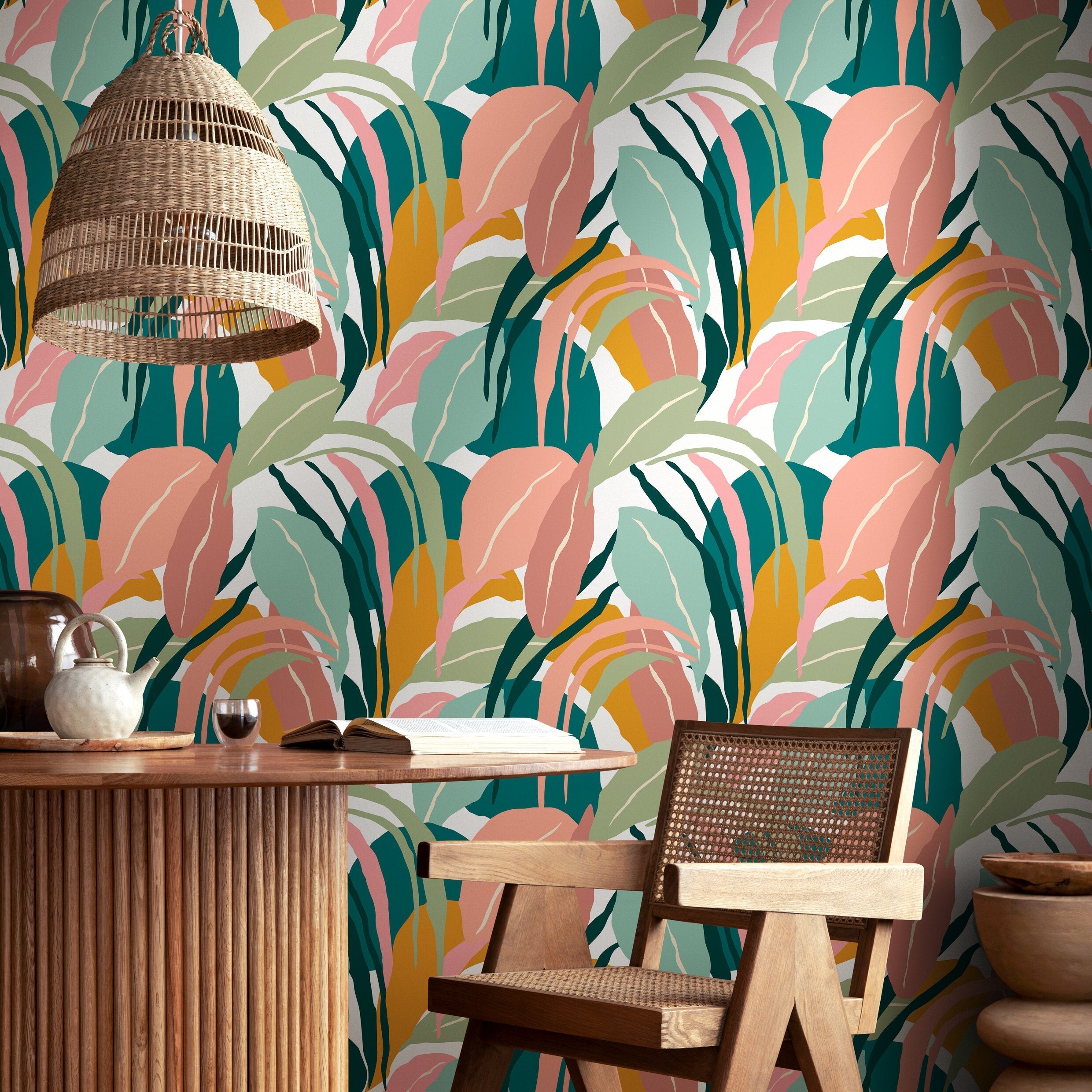 Botanical Wallpaper Featuring Abstract Tropical Leaves In Teal, Pink, And Yellow - B635