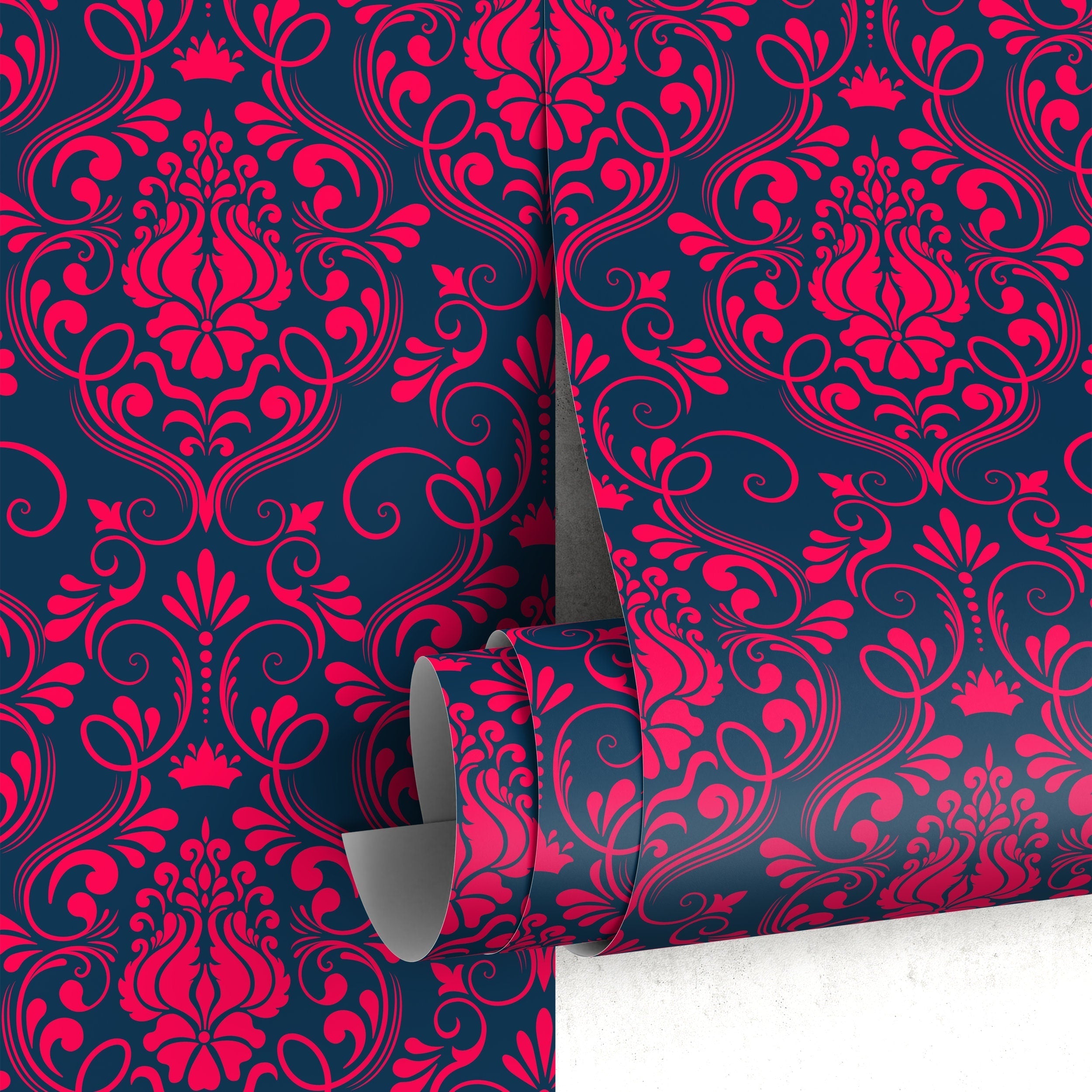 Classic Damask Wallpaper In Magenta And Navy Blue - B685