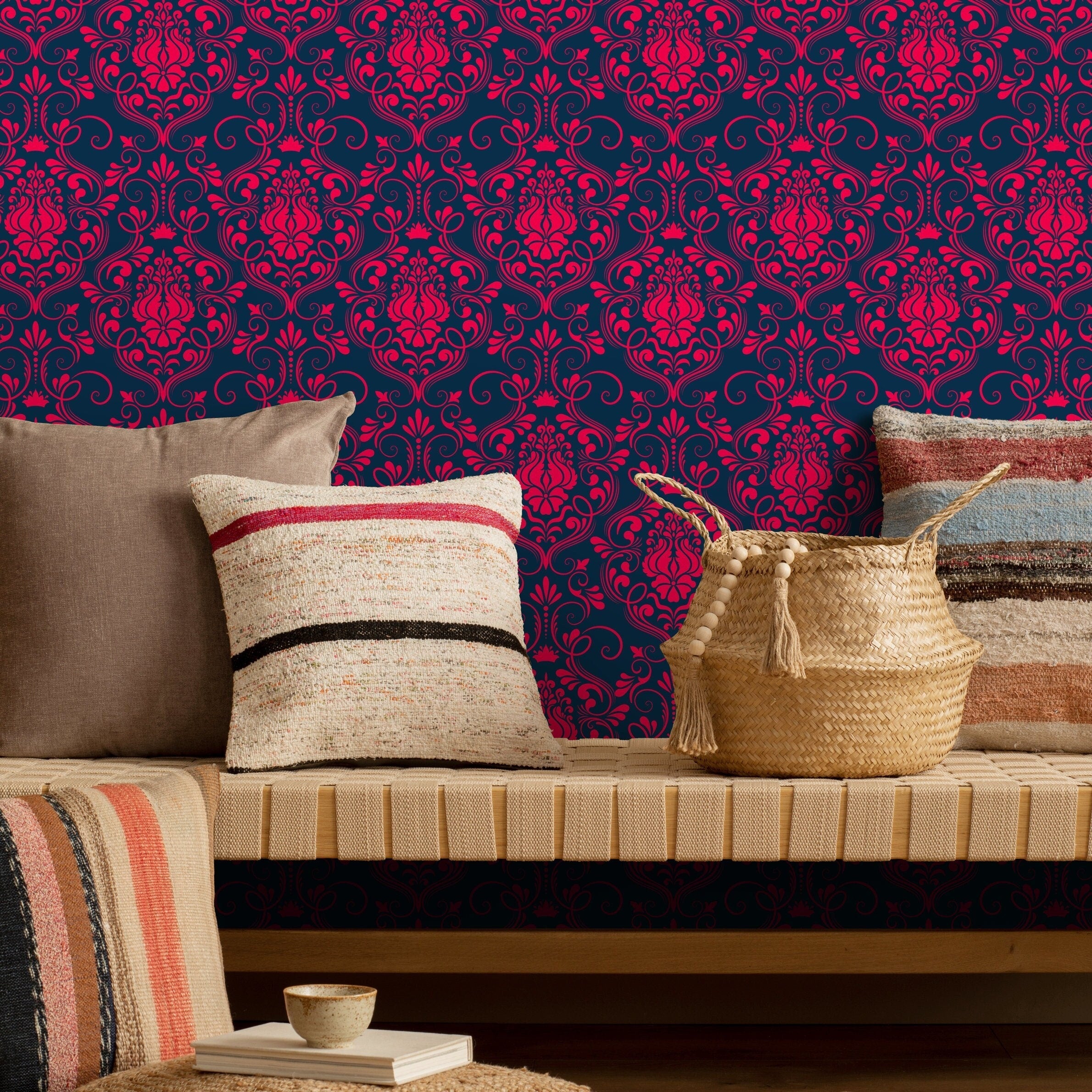 Classic Damask Wallpaper In Magenta And Navy Blue - B685