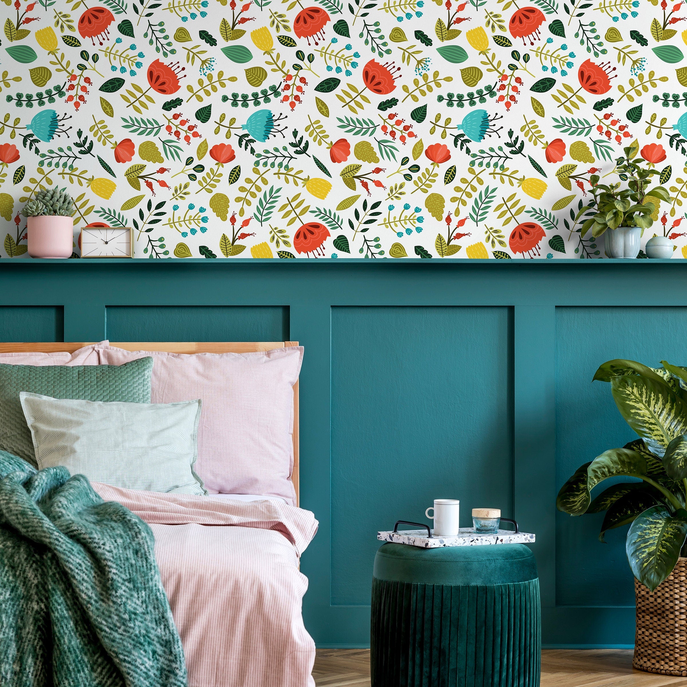 Botanical Wallpaper With Folk Art Florals In Red, Yellow, And Teal - B690