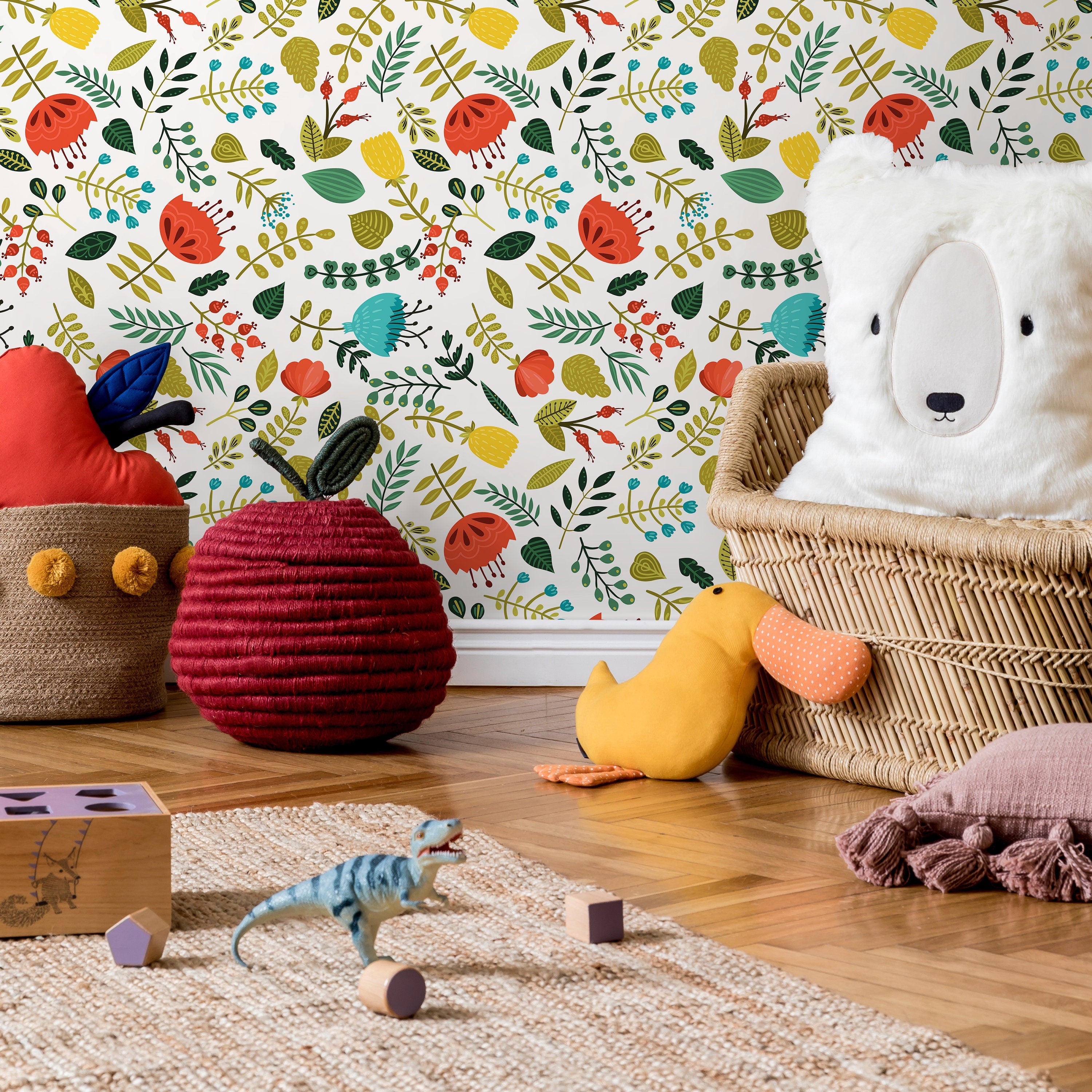 Botanical Wallpaper With Folk Art Florals In Red, Yellow, And Teal - B690