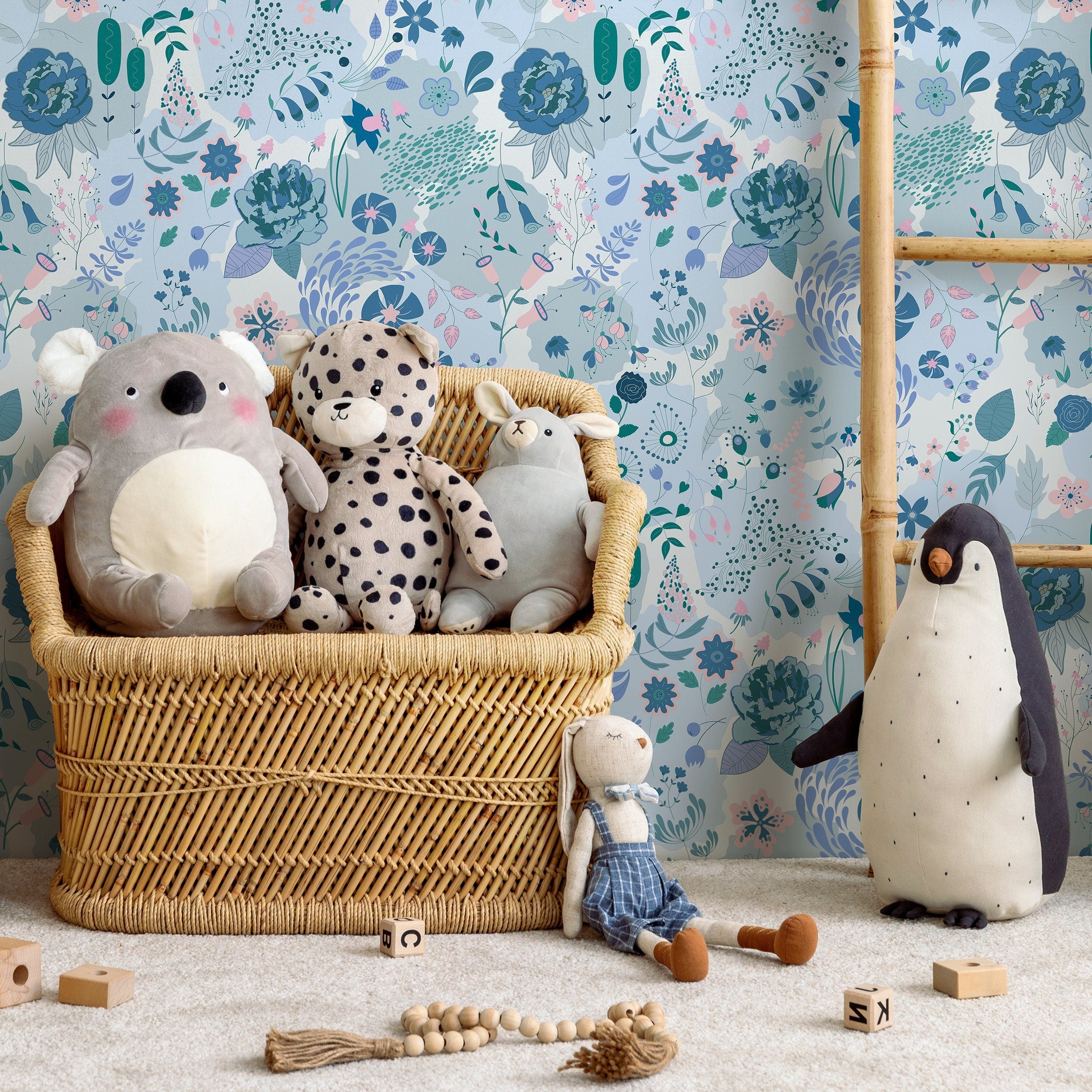 Botanical Wallpaper With A Whimsical Floral Meadow In Blue, Pink, And Green - B697