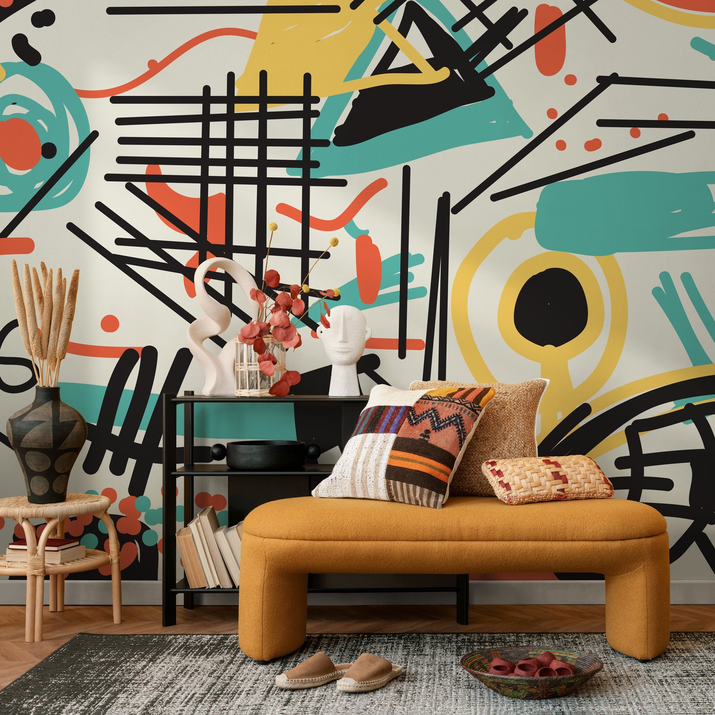 Abstract Wallpaper With Graphic Lines And Shapes In Black, Teal, And Yellow - B706