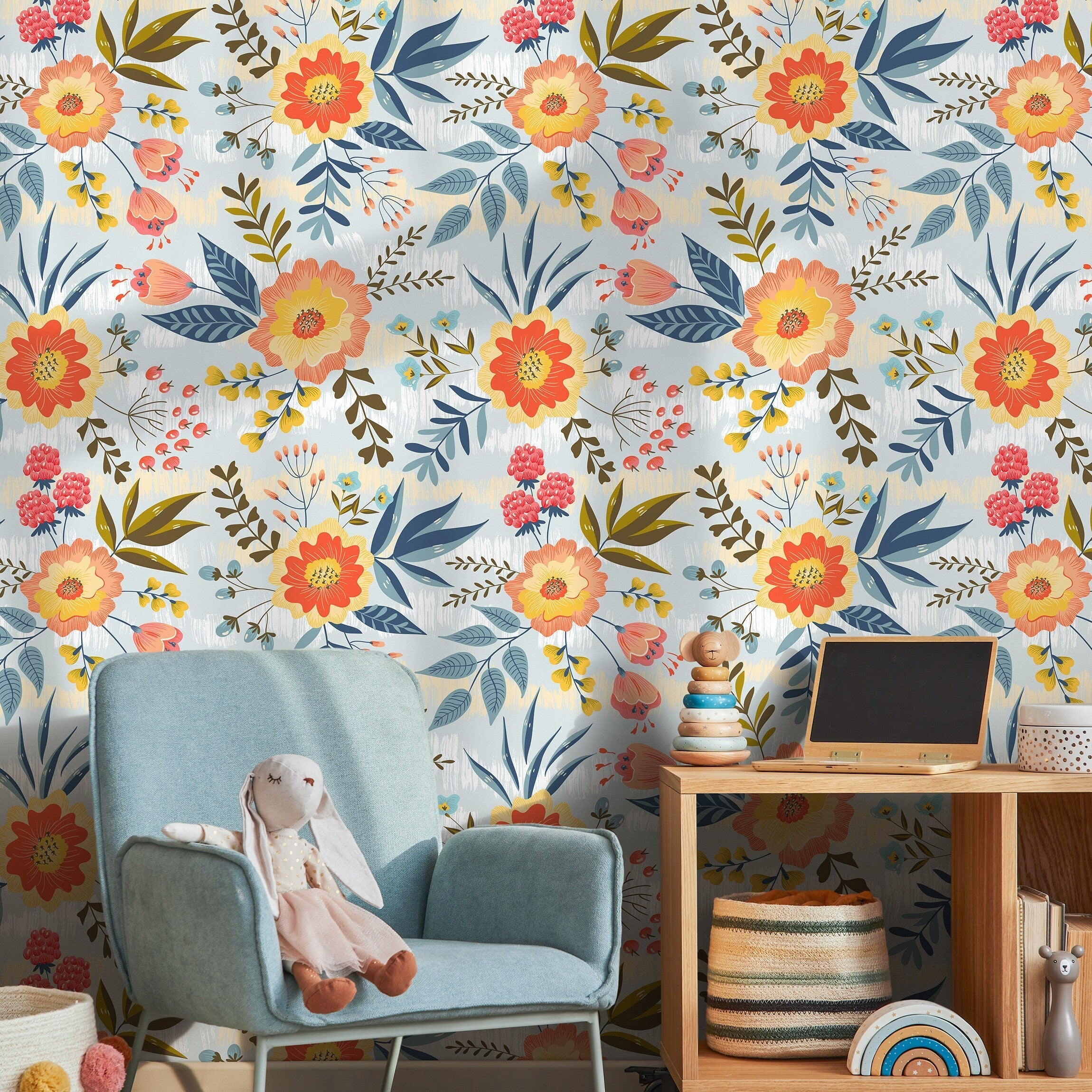 Floral Wallpaper Featuring Stylized Blooms And Berries In Blue, Orange, And Yellow - B799