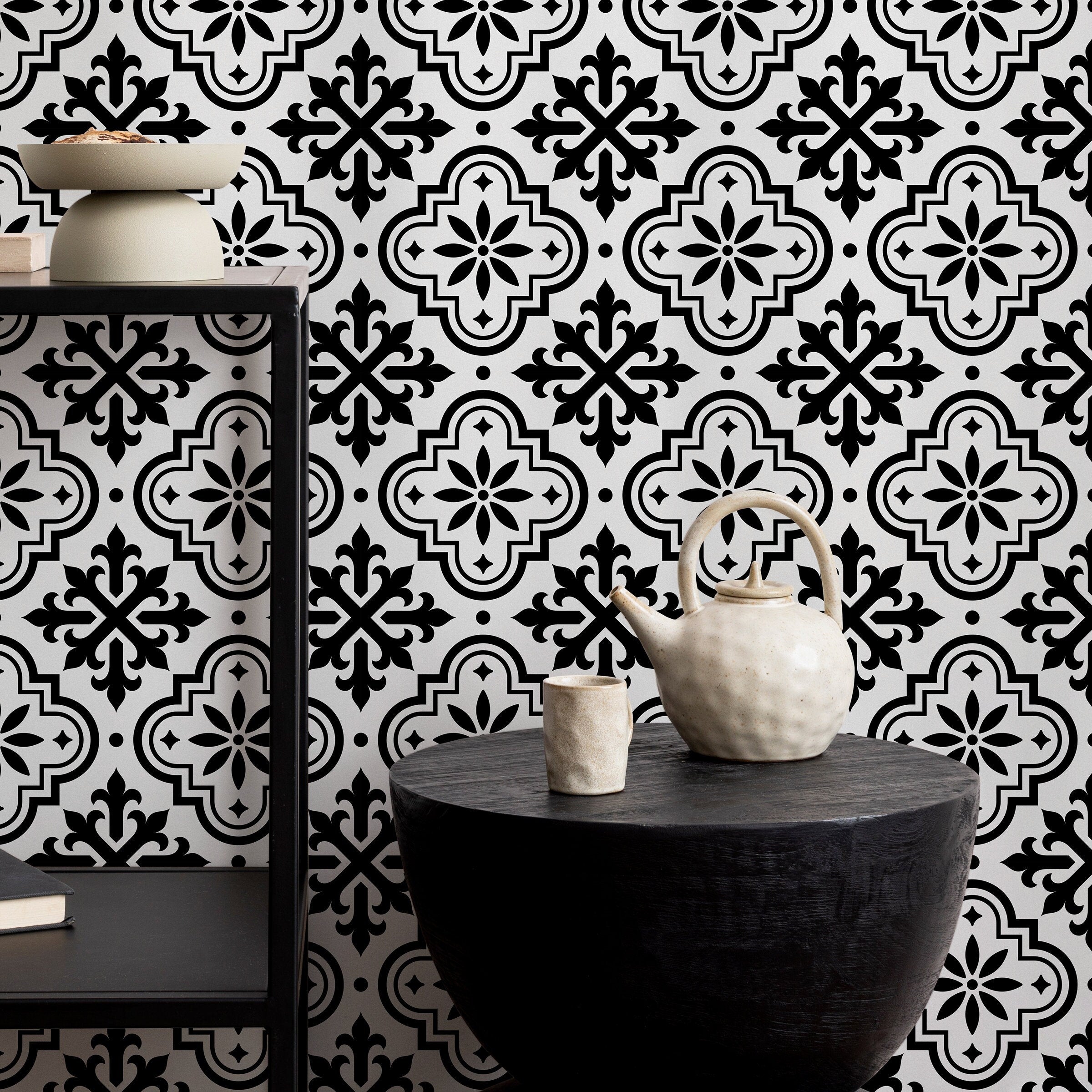 Tile Wallpaper With A Spanish Geometric Motif In Black And White - B805