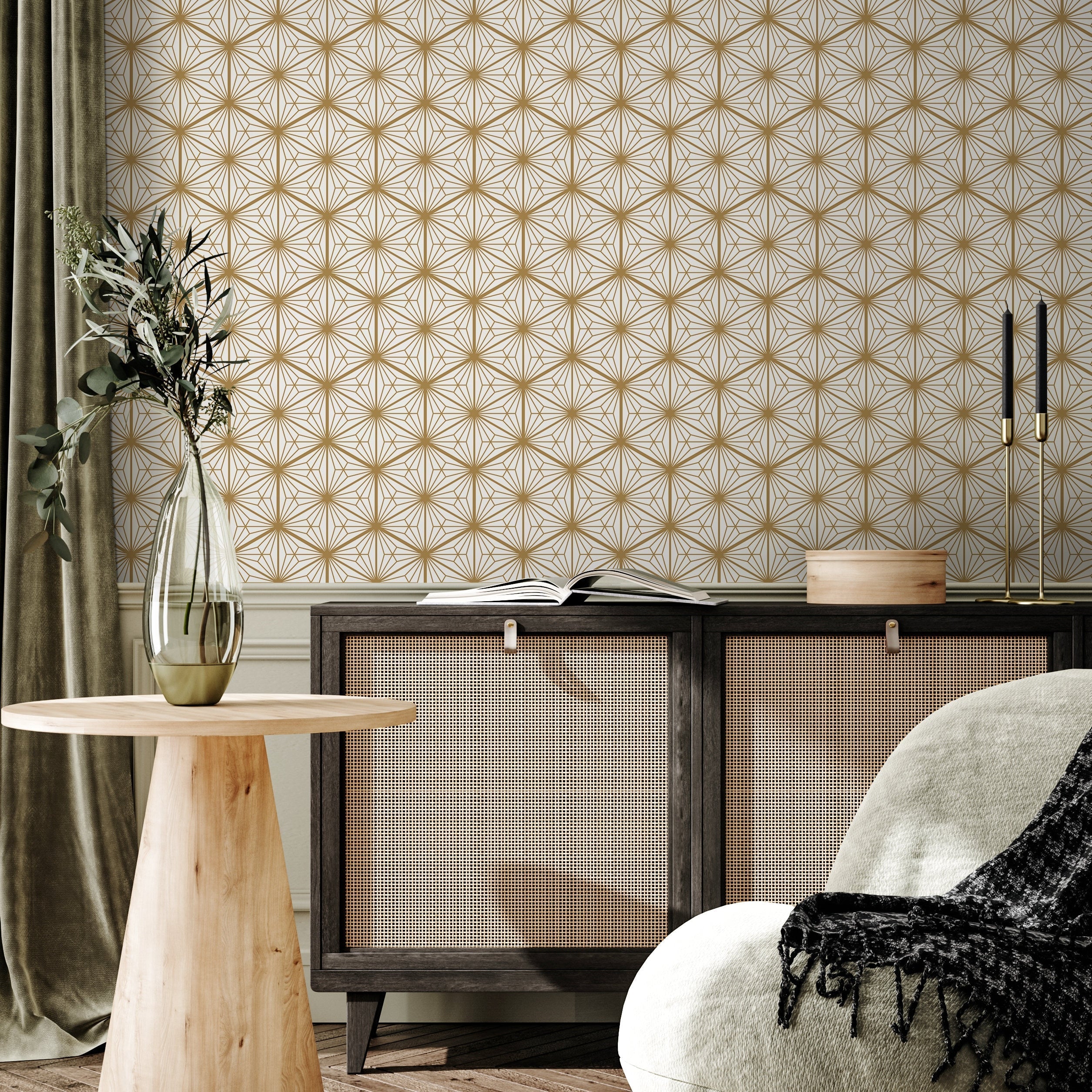 Geometric Wallpaper With An Art Deco Starburst Motif In Gold - B808