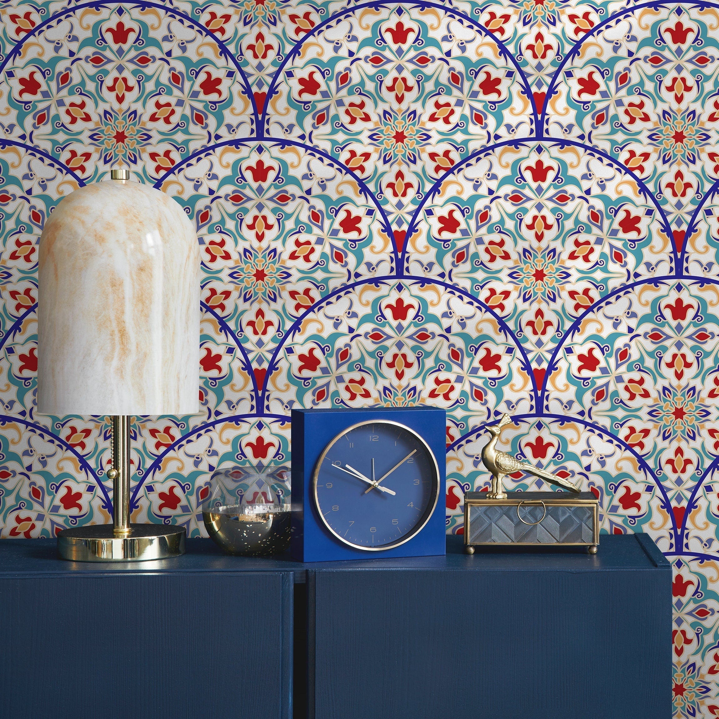 Tile Wallpaper With A Moroccan Azulejo Motif In Blue, Red, And Yellow - B820