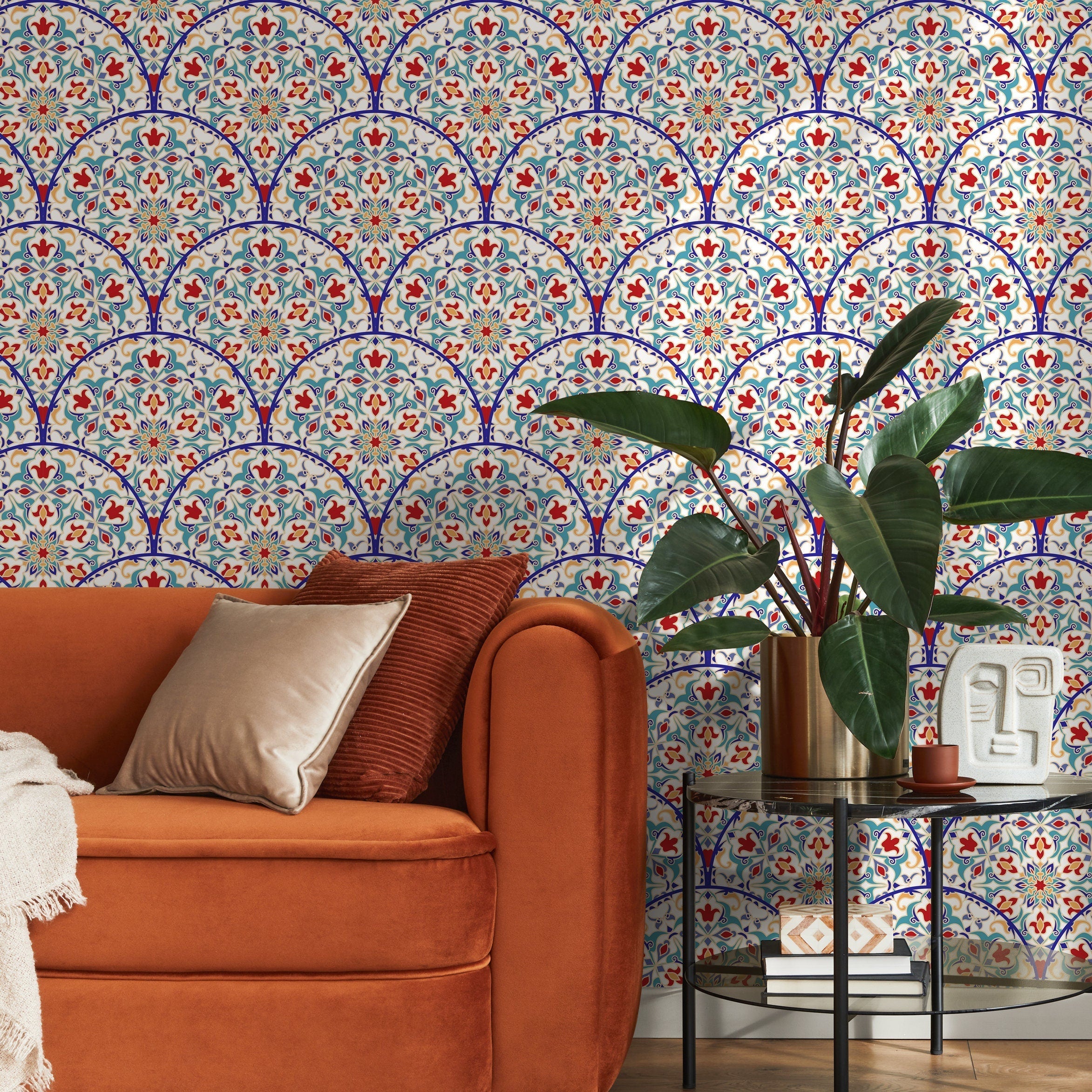 Tile Wallpaper With A Moroccan Azulejo Motif In Blue, Red, And Yellow - B820
