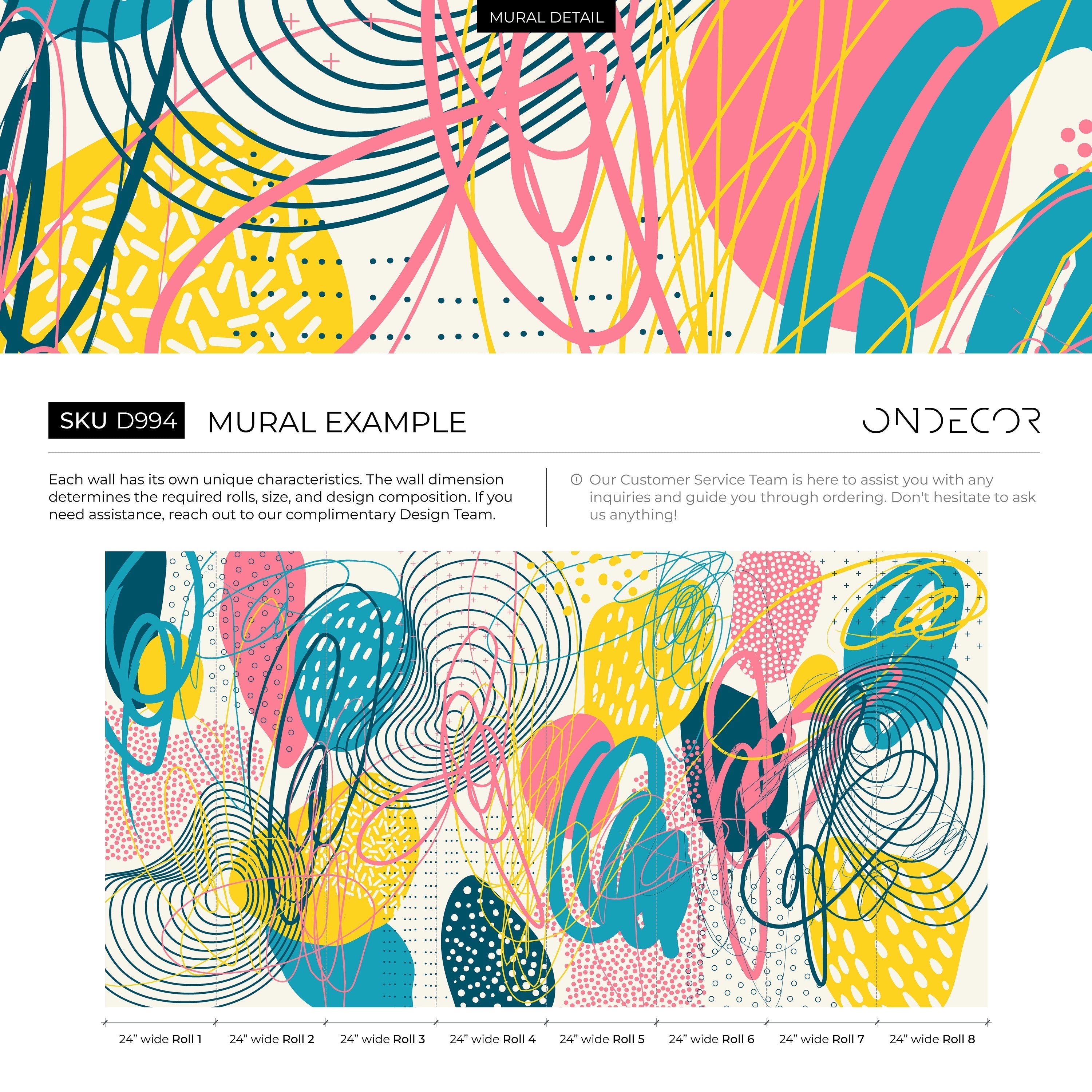 Abstract Wallpaper With Memphis Style Doodles In Teal, Yellow, And Pink - D994