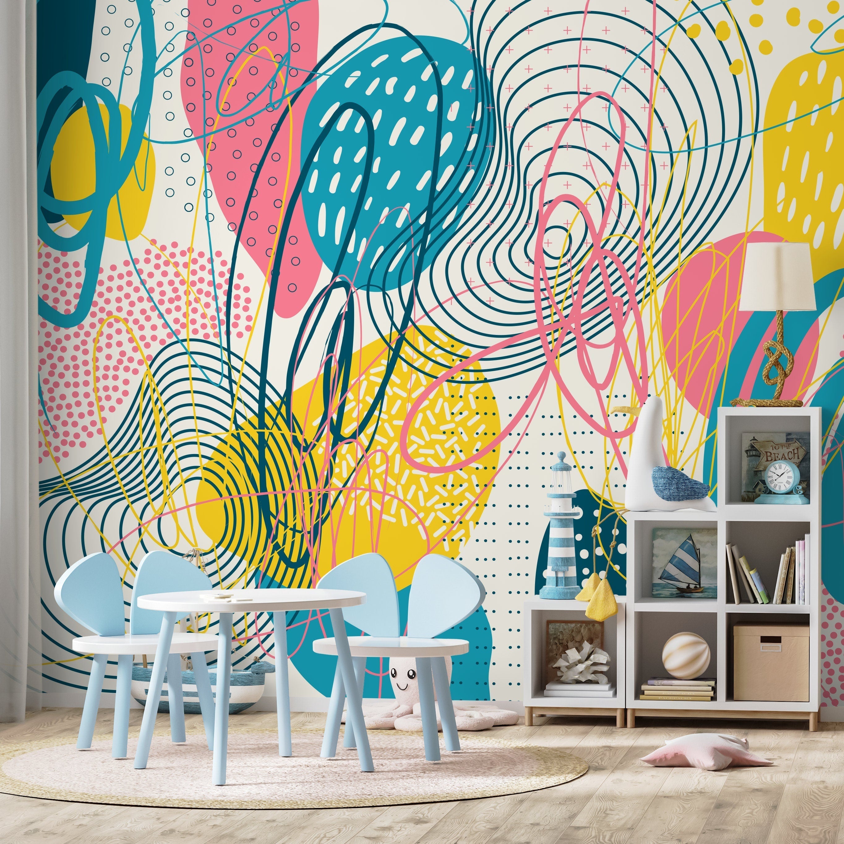 Abstract Wallpaper With Memphis Style Doodles In Teal, Yellow, And Pink - D994
