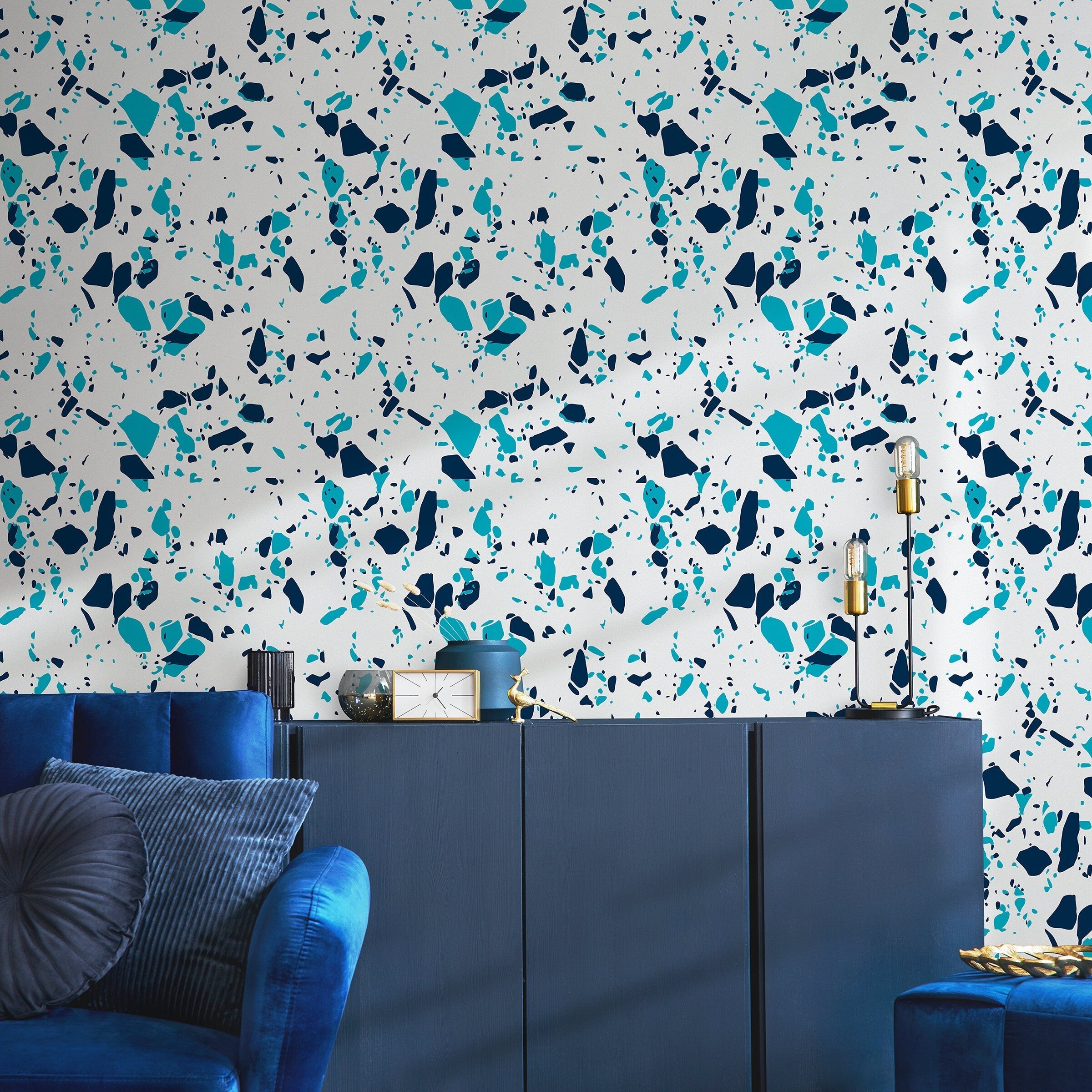 Terrazzo Wallpaper With Abstract Stone Chips In Navy And Turquoise - B831
