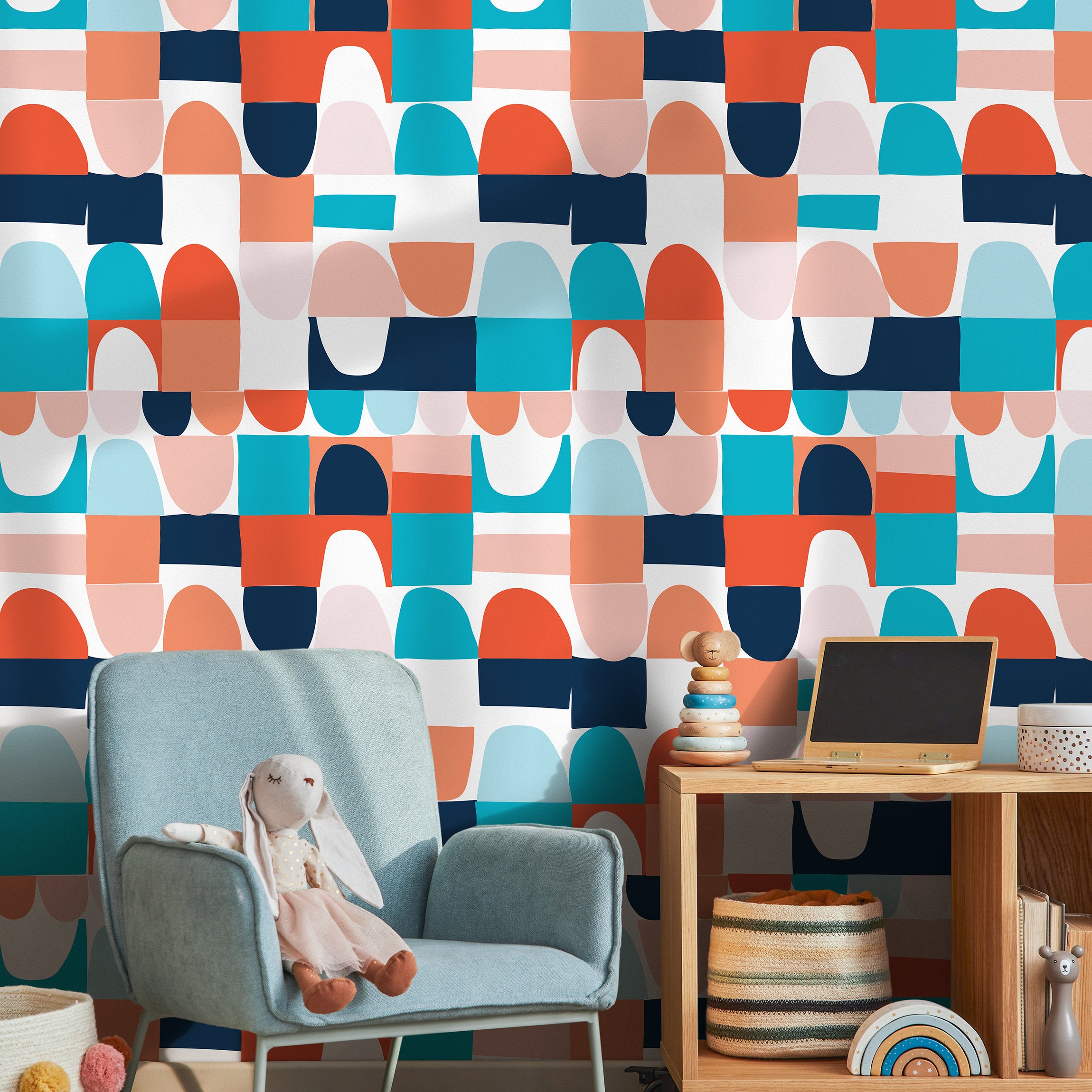 Abstract Wallpaper With A Block Print Motif In Teal, Orange, And Navy Blue - B833