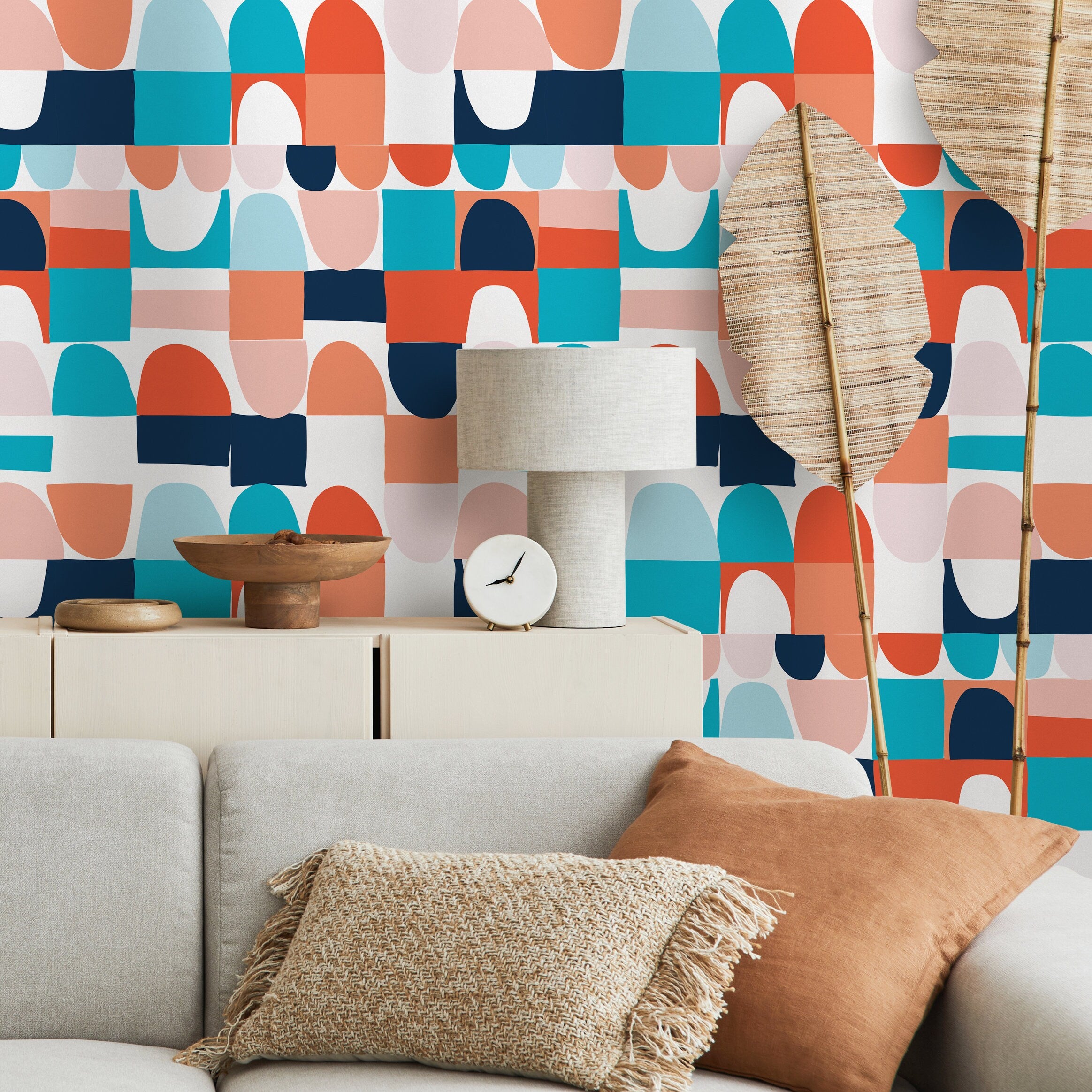 Abstract Wallpaper With A Block Print Motif In Teal, Orange, And Navy Blue - B833