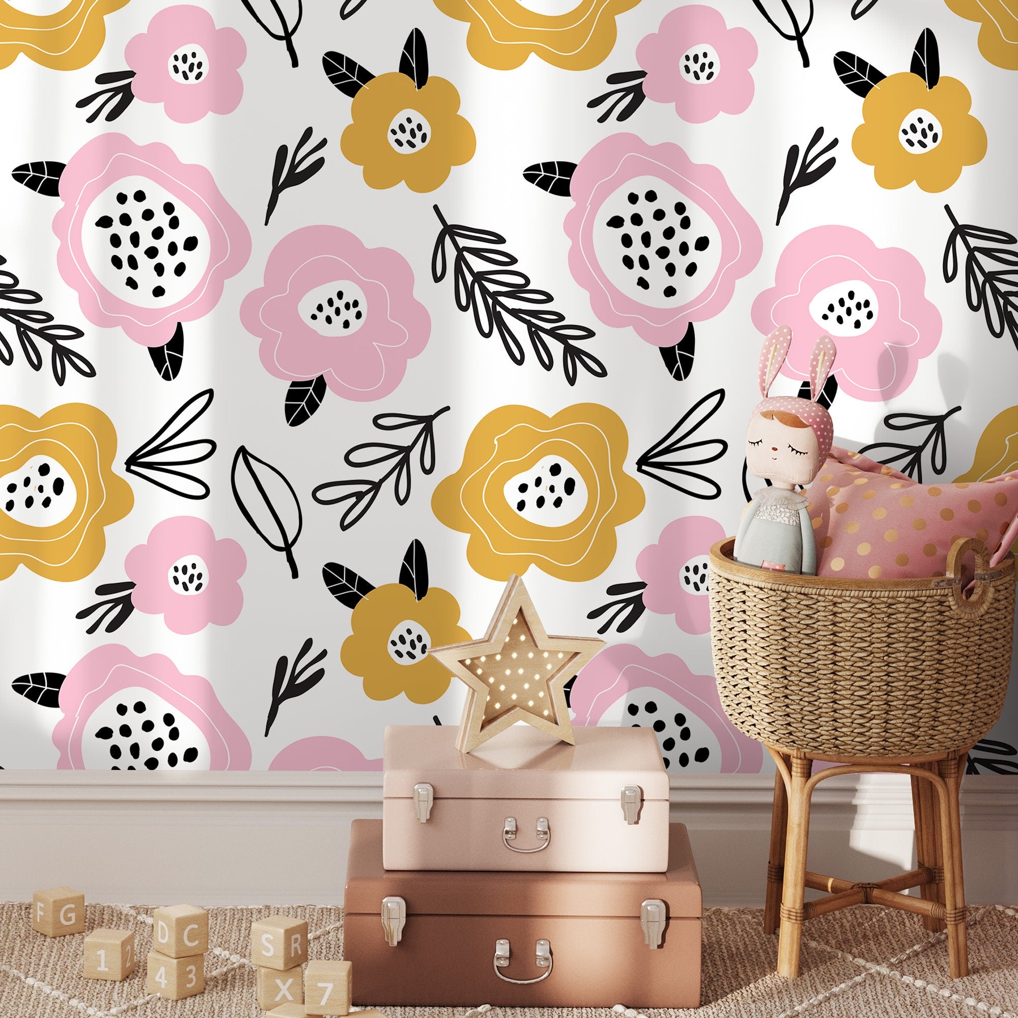 Floral Wallpaper Featuring Stylized Blooms In Pink, Yellow, And Black - B834