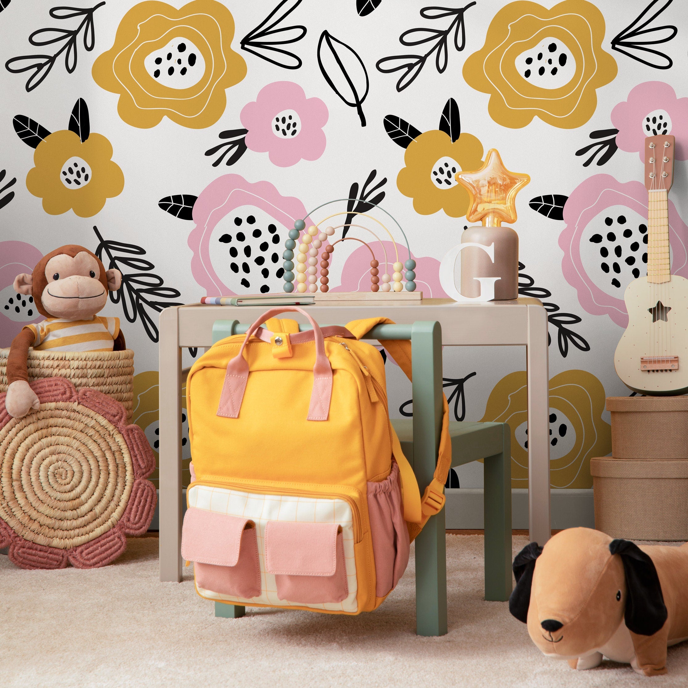 Floral Wallpaper Featuring Stylized Blooms In Pink, Yellow, And Black - B834