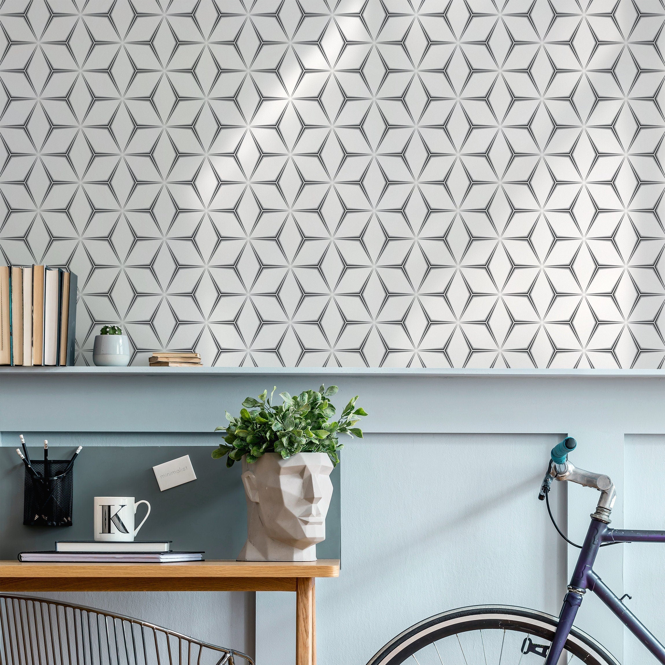 Geometric Wallpaper With An Optical Starburst Motif In Black, White, And Gray - B837