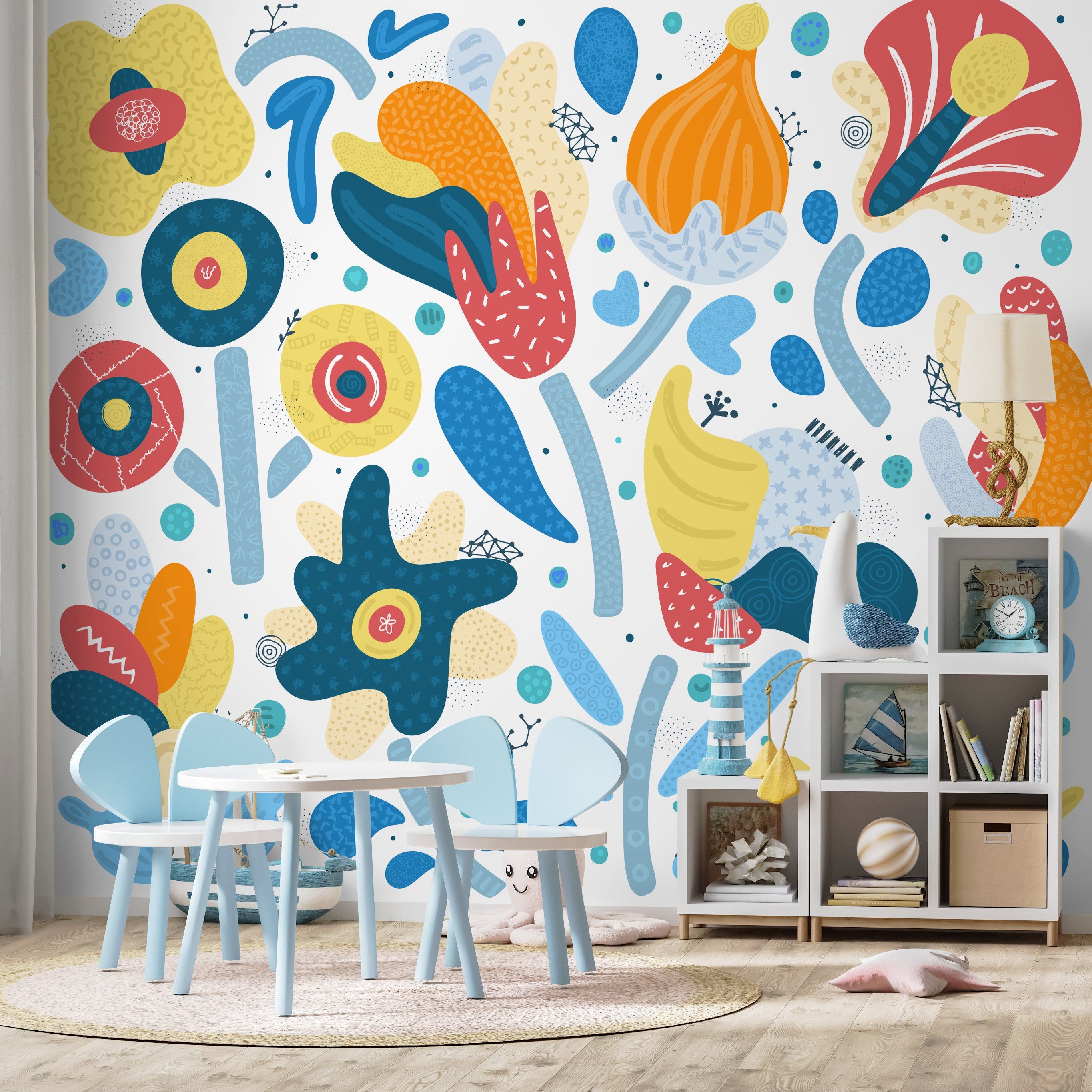 Abstract Wallpaper With Playful Organic Shapes In Blue, Yellow, And Red - B857
