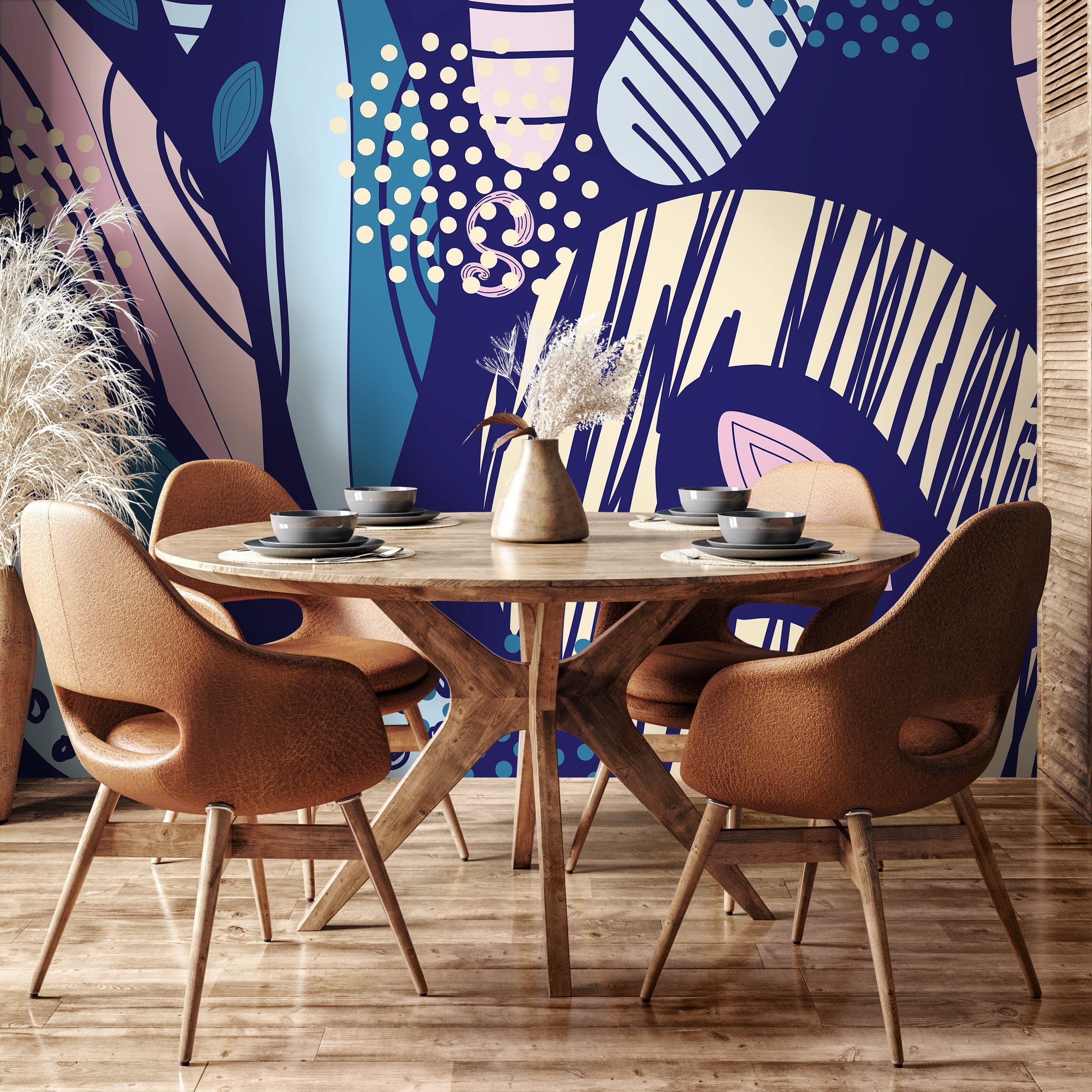 Abstract Wallpaper With Bold Geometric Shapes In Blue, Pink, And Beige - B862