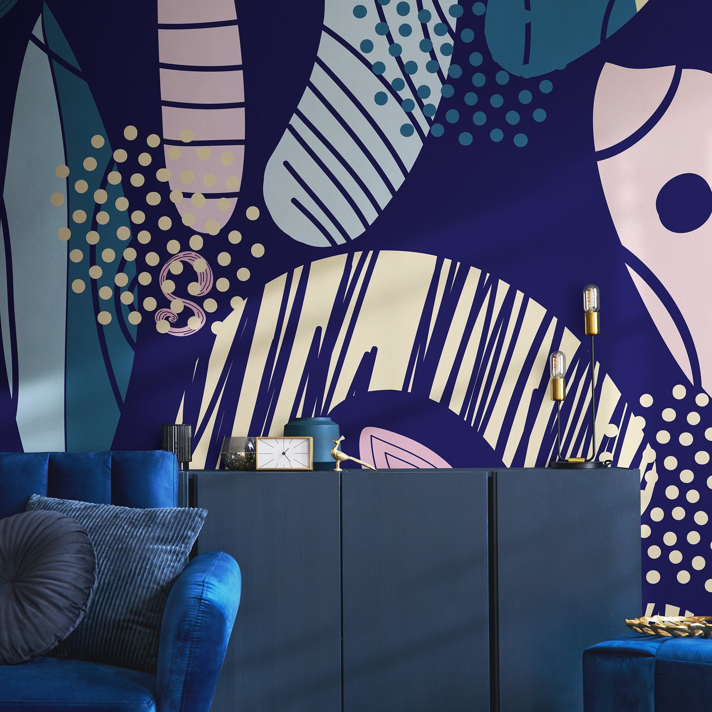 Abstract Wallpaper With Bold Geometric Shapes In Blue, Pink, And Beige - B862