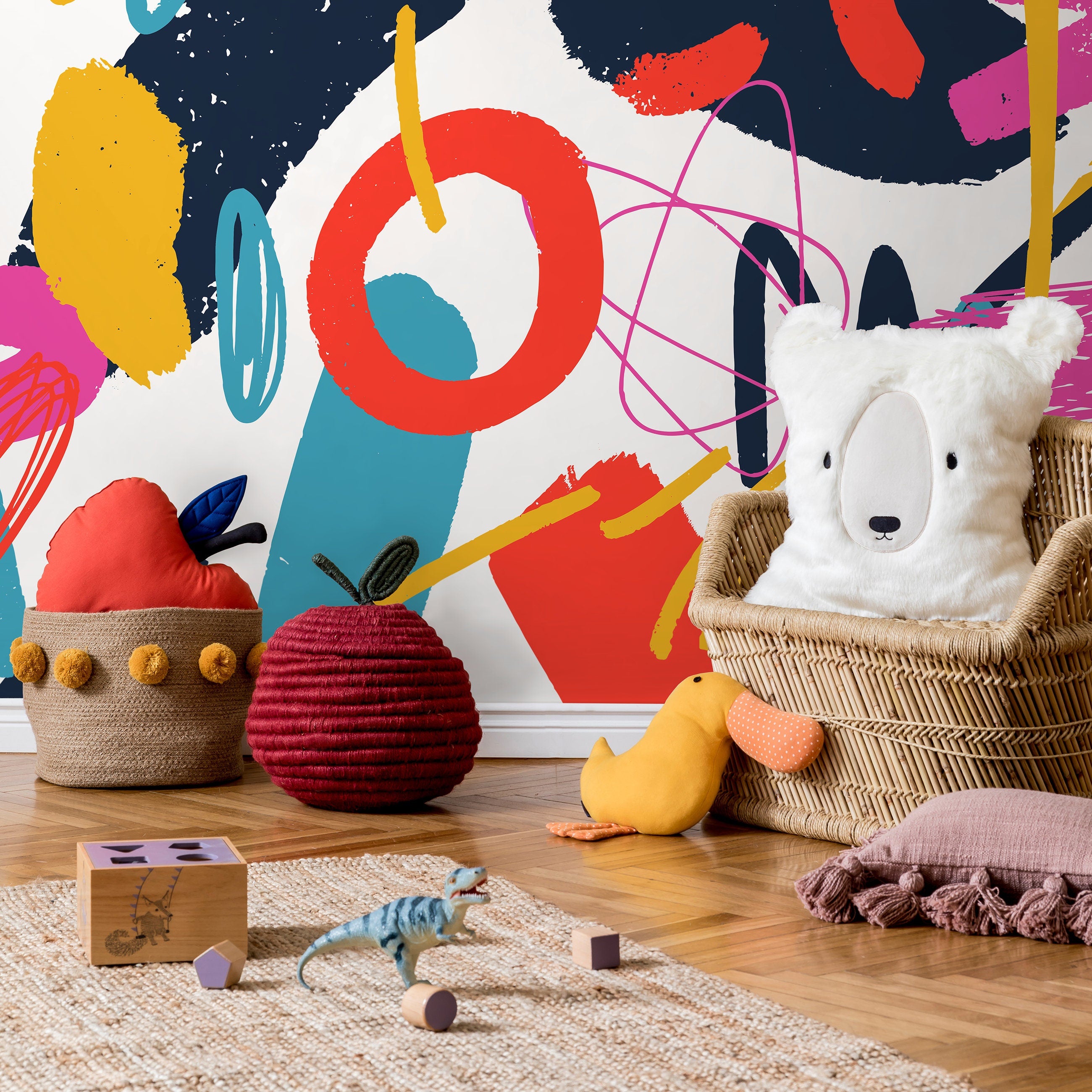 Abstract Wallpaper With Energetic Brushstrokes In Pink, Blue, And Yellow - B869