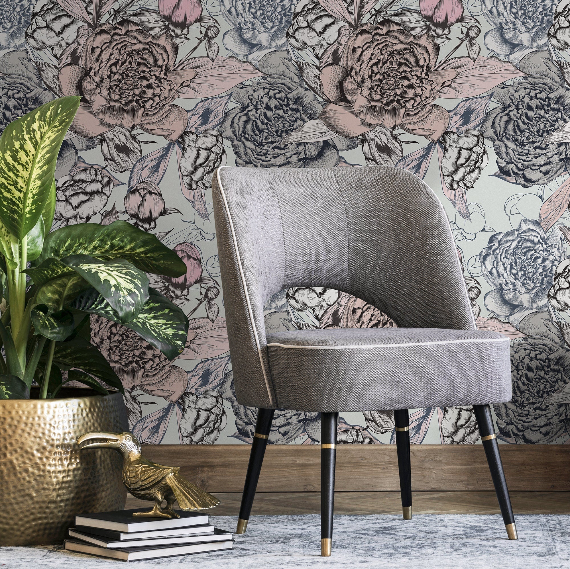 Floral Wallpaper With An Engraved Peony Design In Pink, Blue, And Black - B879