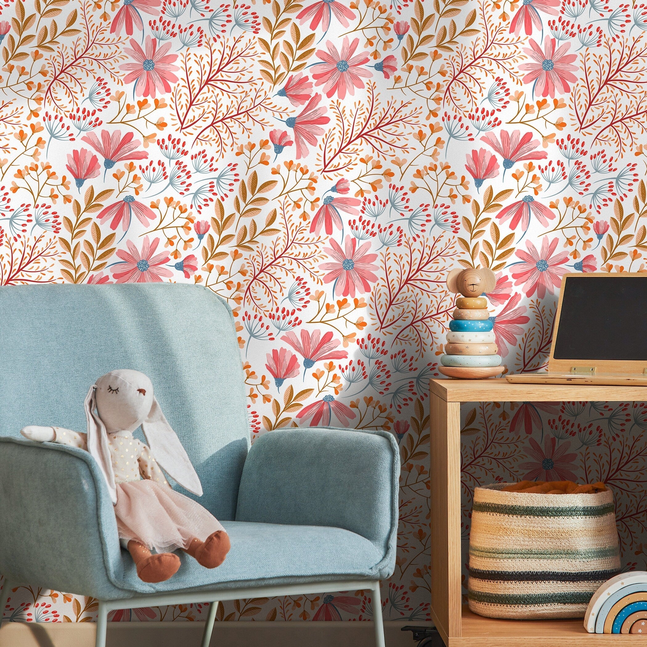 Floral Wallpaper With Stylized Wildflowers In Pink, Orange, And Blue - B896