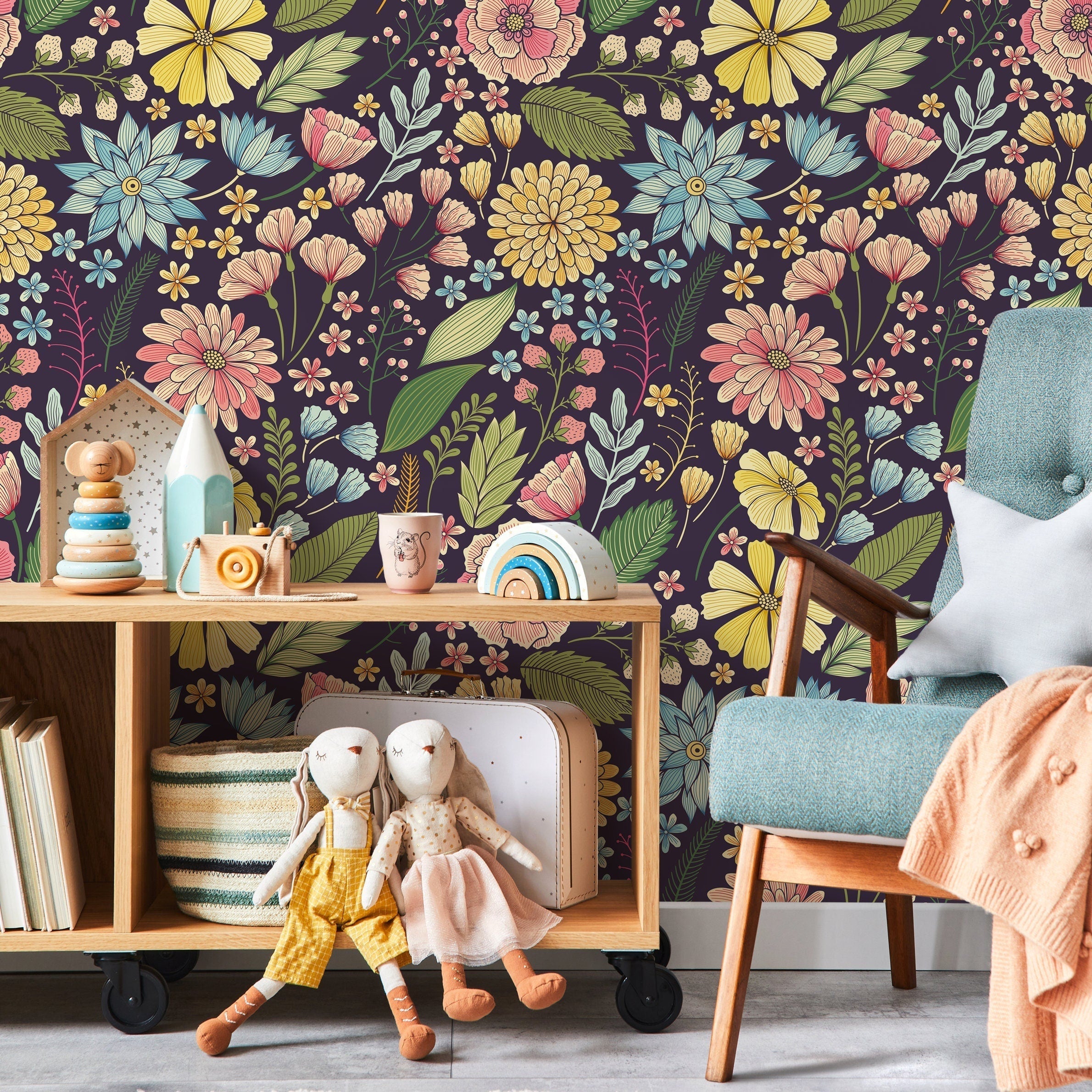 Floral Wallpaper With A Vintage Meadow Motif In Yellow, Pink, And Blue - B898
