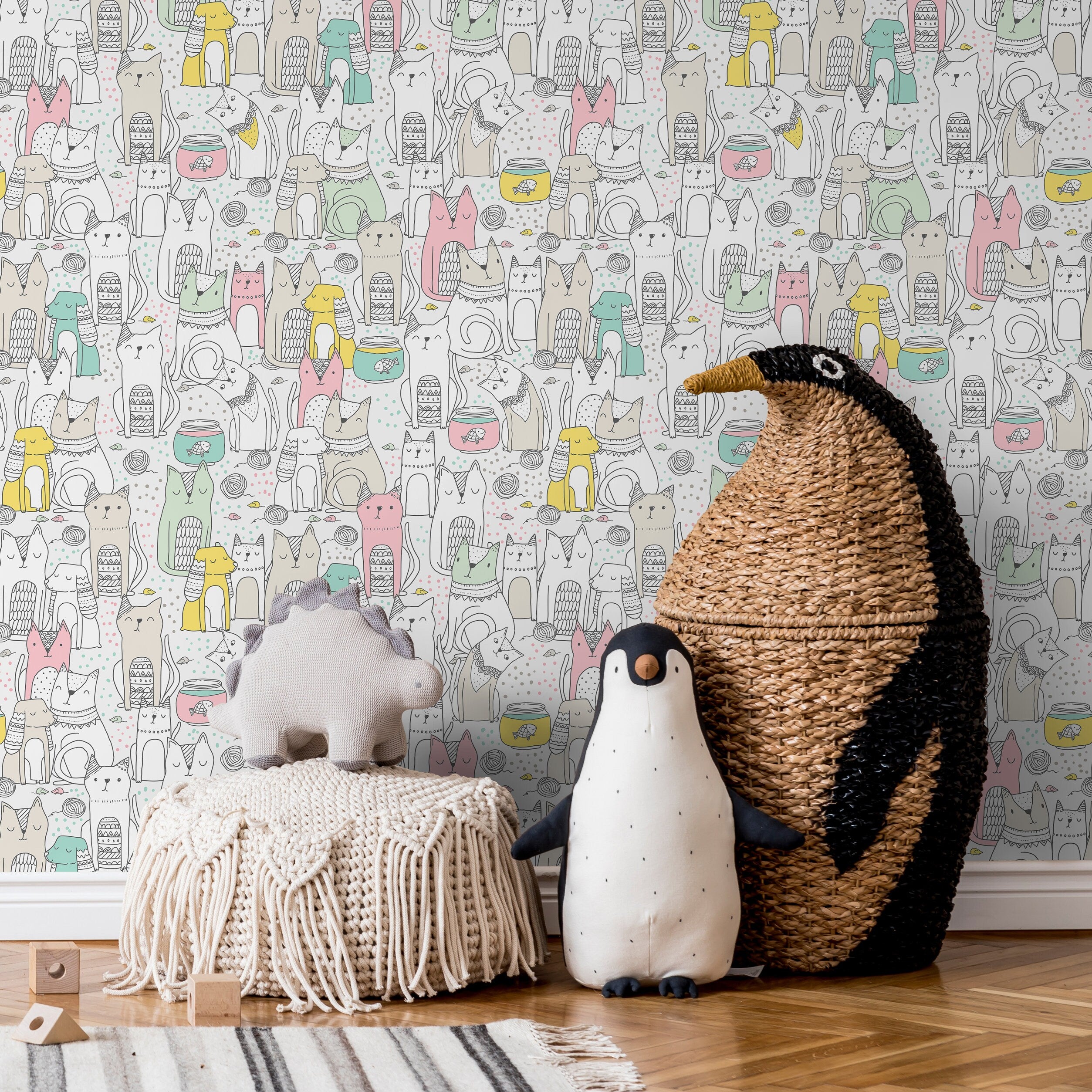 Kids Wallpaper Featuring Whimsical Cats And Dogs In Pink, Green, And Yellow - B899
