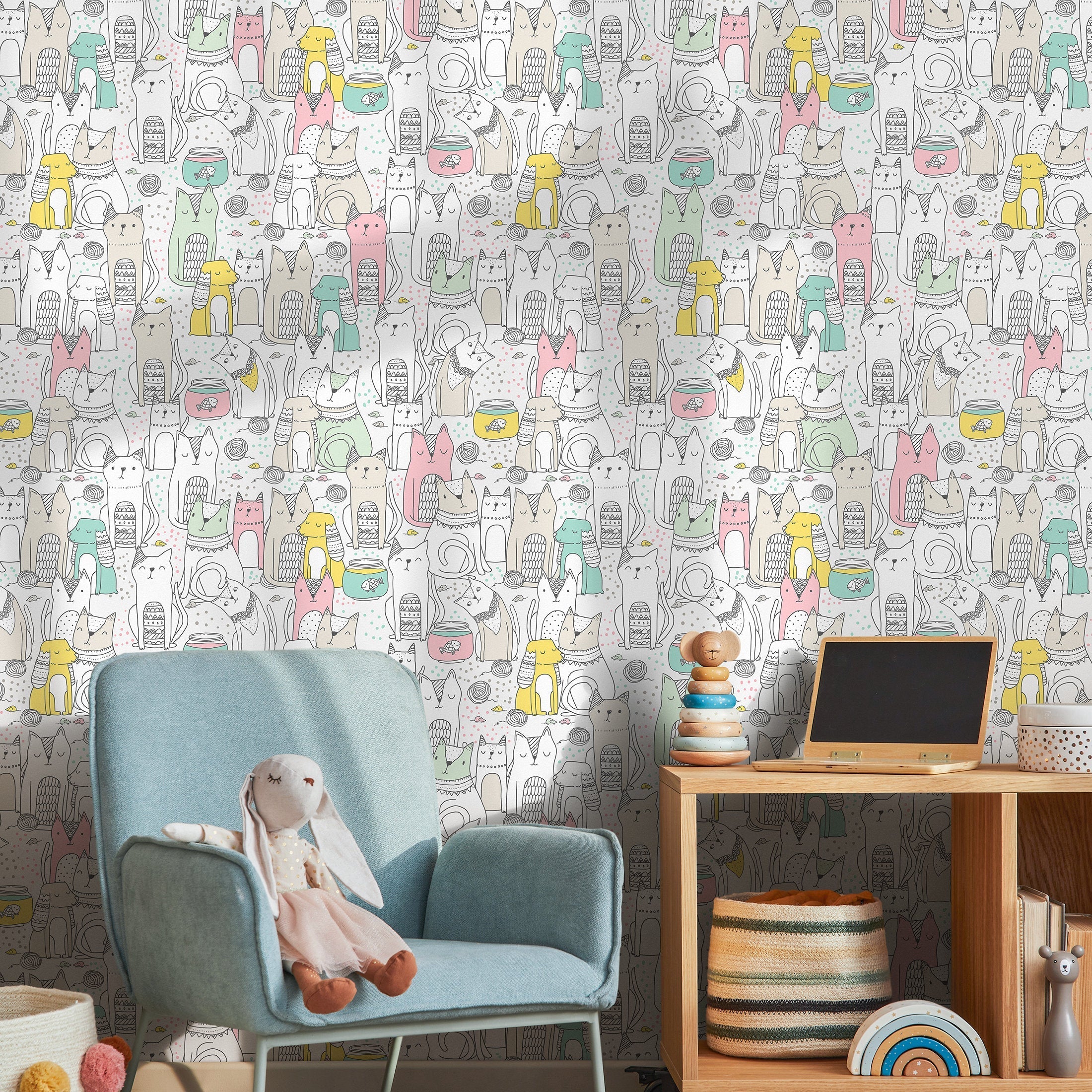 Kids Wallpaper Featuring Whimsical Cats And Dogs In Pink, Green, And Yellow - B899