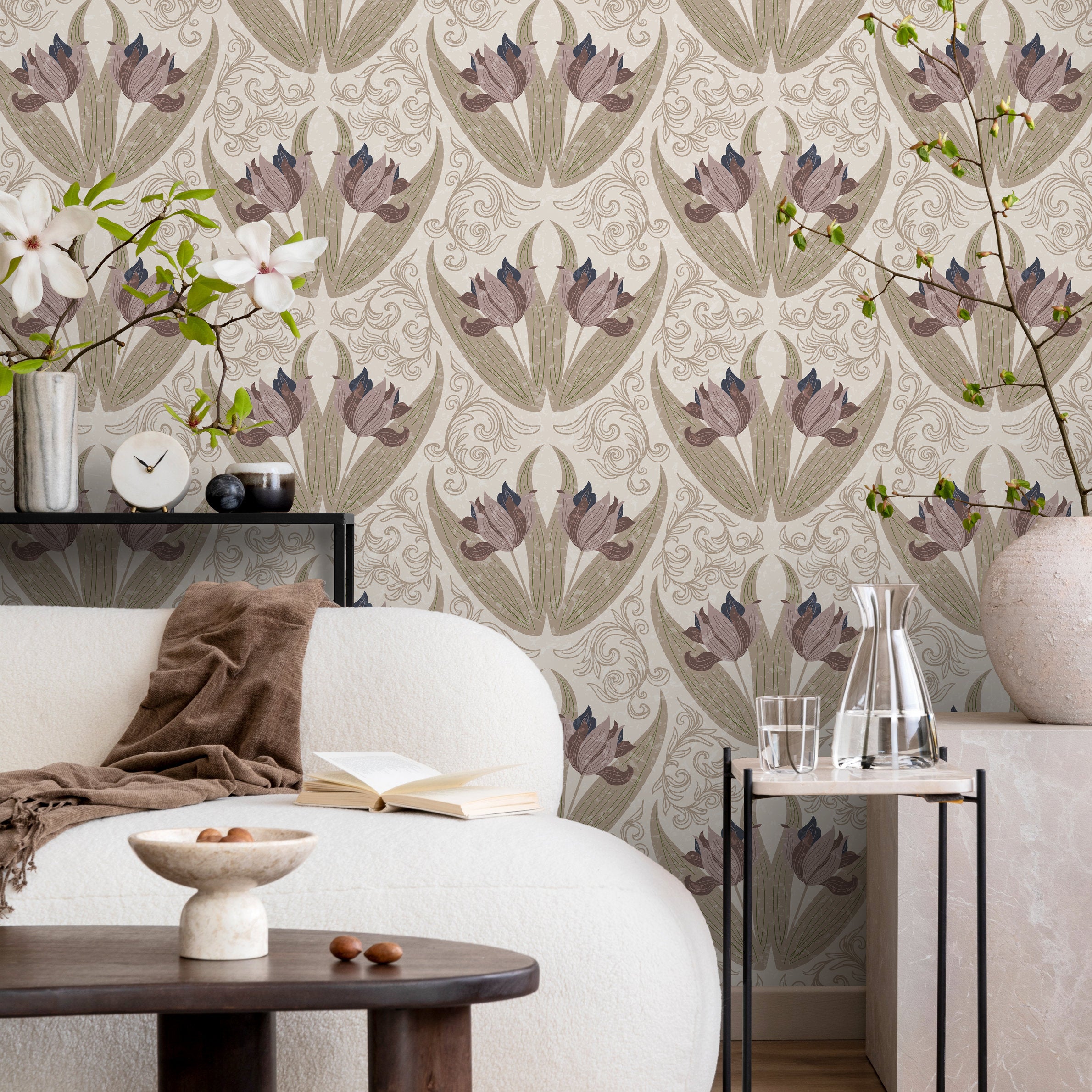 Art Nouveau Wallpaper With Stylized Tulips In Mauve, Sage, And Blue - B907