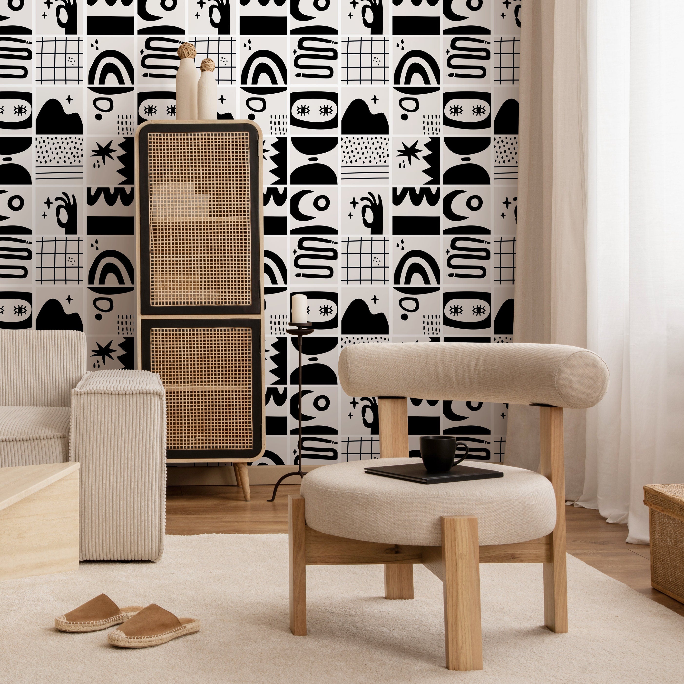Abstract Wallpaper With Tiled Hand-drawn Motifs In Black And Light Gray - B923